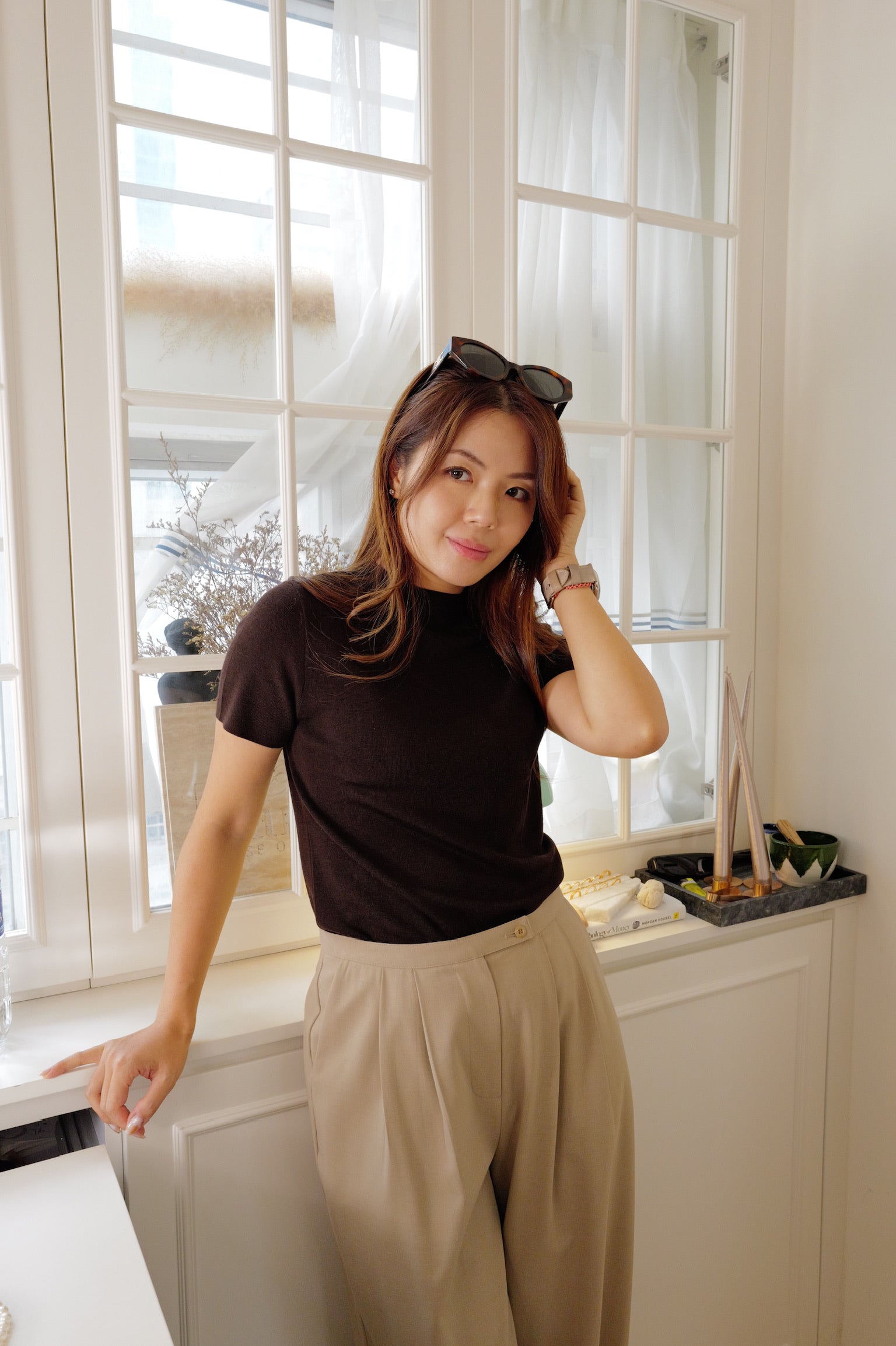 【LE ZANS PRIVÉ】Minimalist Mock-Neck Fine Knit Short-Sleeve Top (100%頂級德國揚子紗) [T0309]