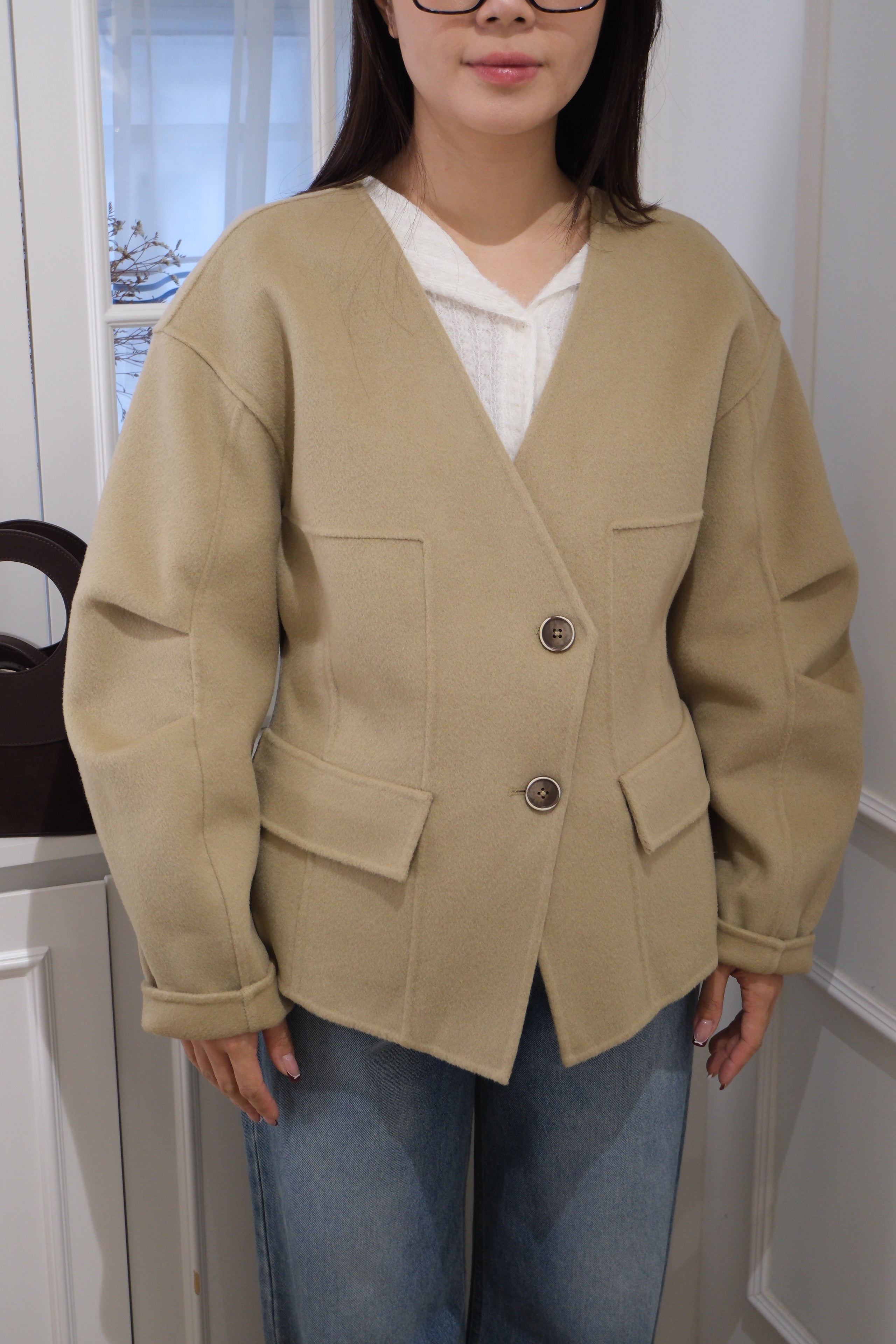 【LE ZANS BRAND COLLECTION】 Khaki Slim Open Chest Coat (100%wool) [J0069]
