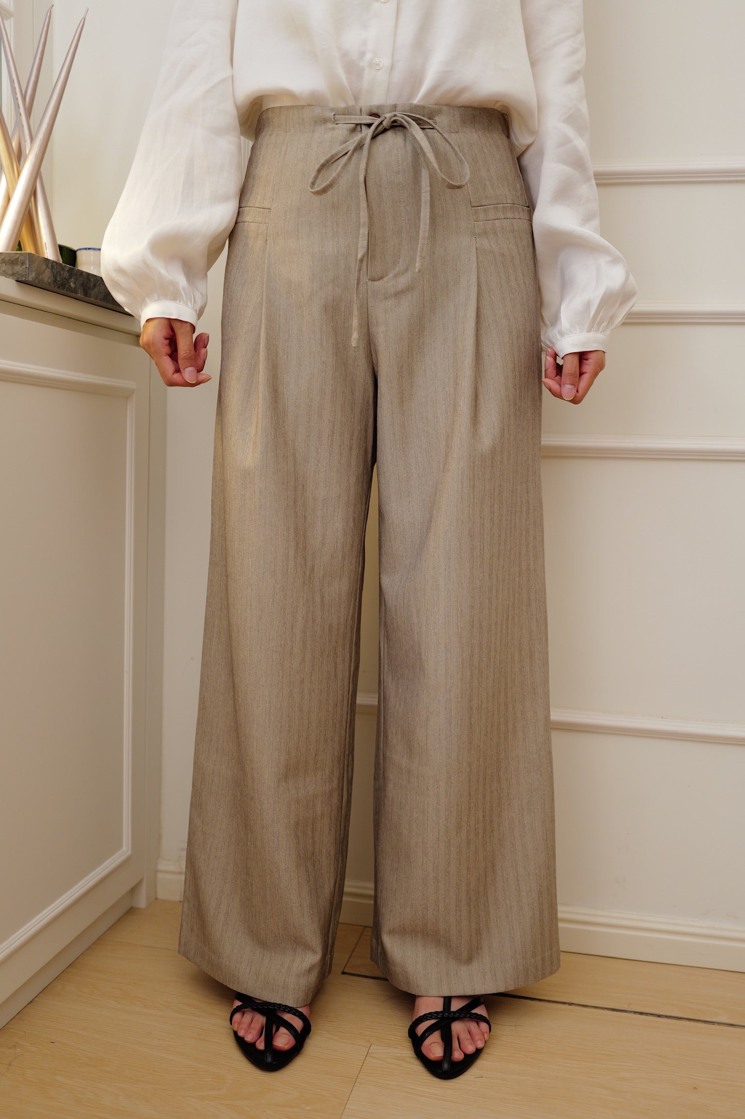 【LE ZANS BRAND COLLECTION】French Chic High-Waisted Wide-Leg Trousers with Sash [PT0097]