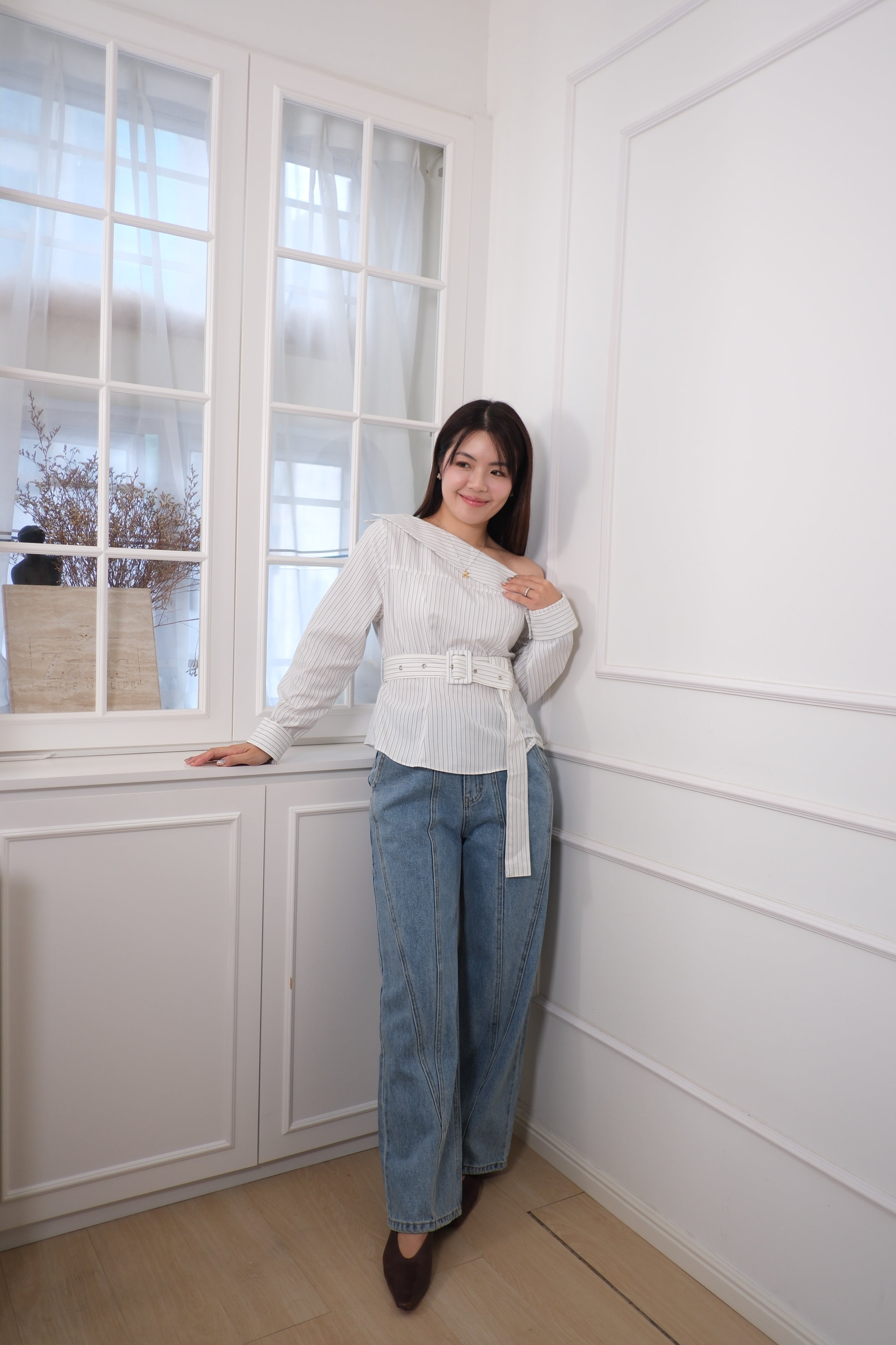 Striped Off-Shoulder Belt Blouse [T0261]