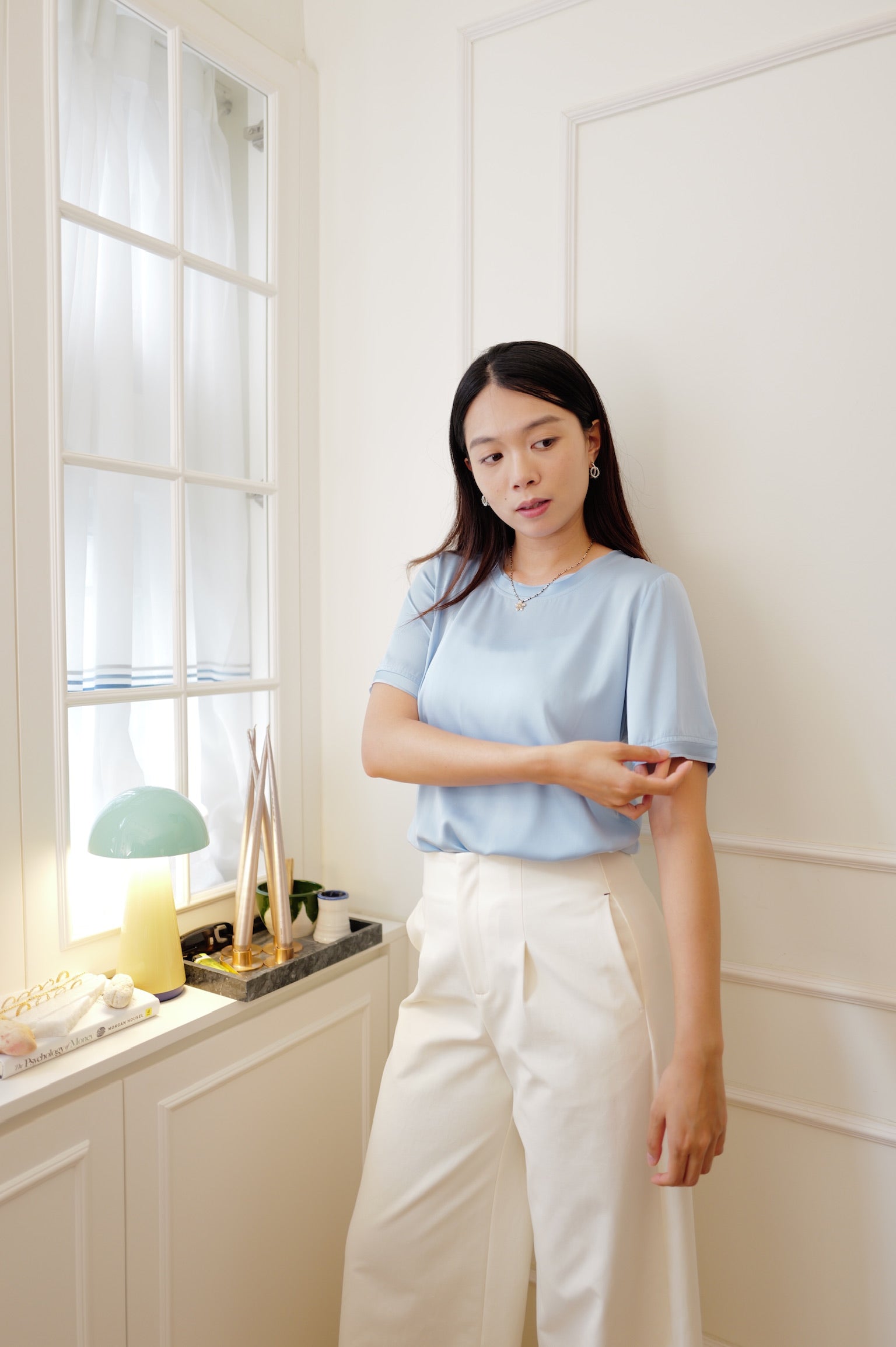 【LE ZANS PRIVÉ】 Pure Silk Gathered Short-Sleeve Top (100%Silk)[T0306]