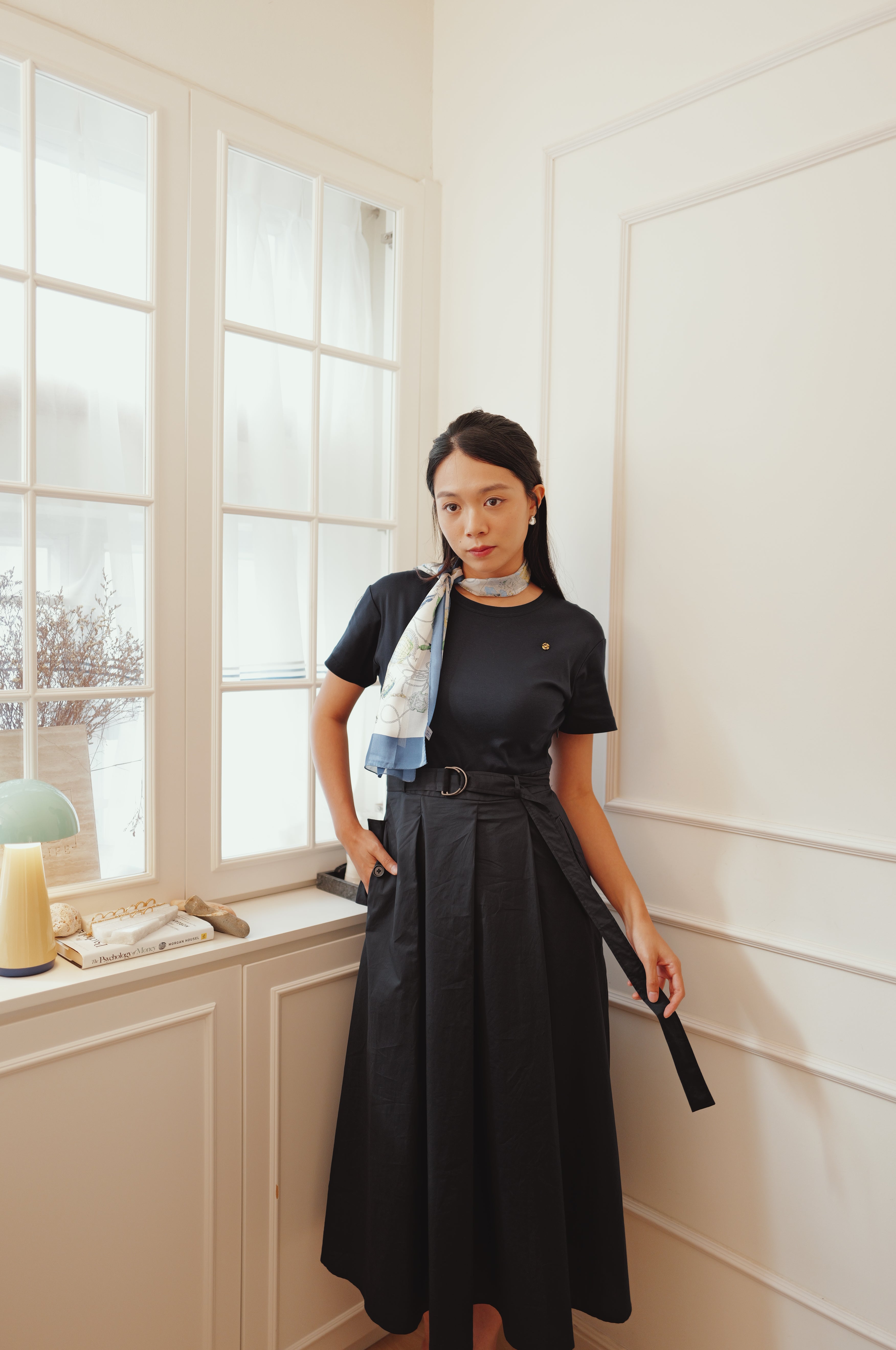 【LE ZANS BRAND COLLECTION】Minimalist Crewneck Belted A-Line Dress [OPS0186]