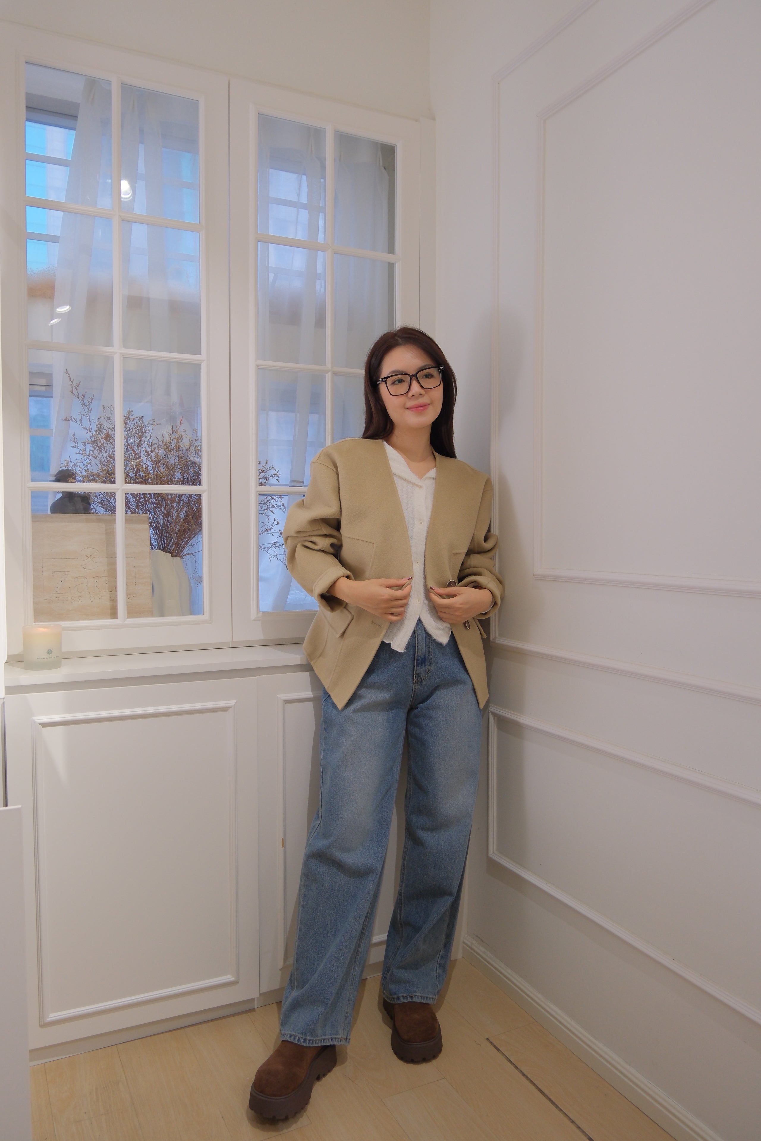 【LE ZANS BRAND COLLECTION】 Khaki Slim Open Chest Coat (100%wool) [J0069]