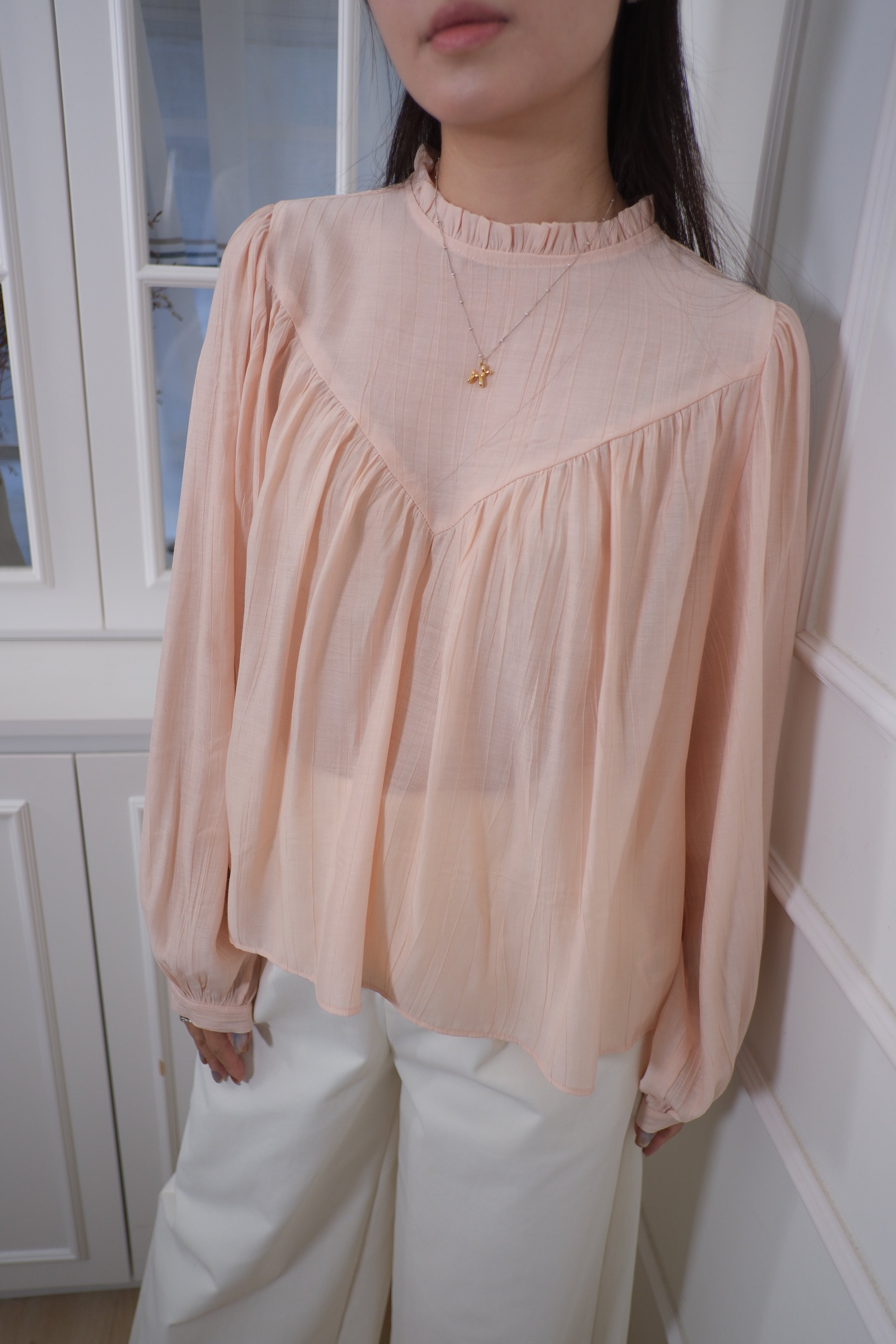 Ruffle Lace Insert Sheer Long Sleeve Top [T0262]