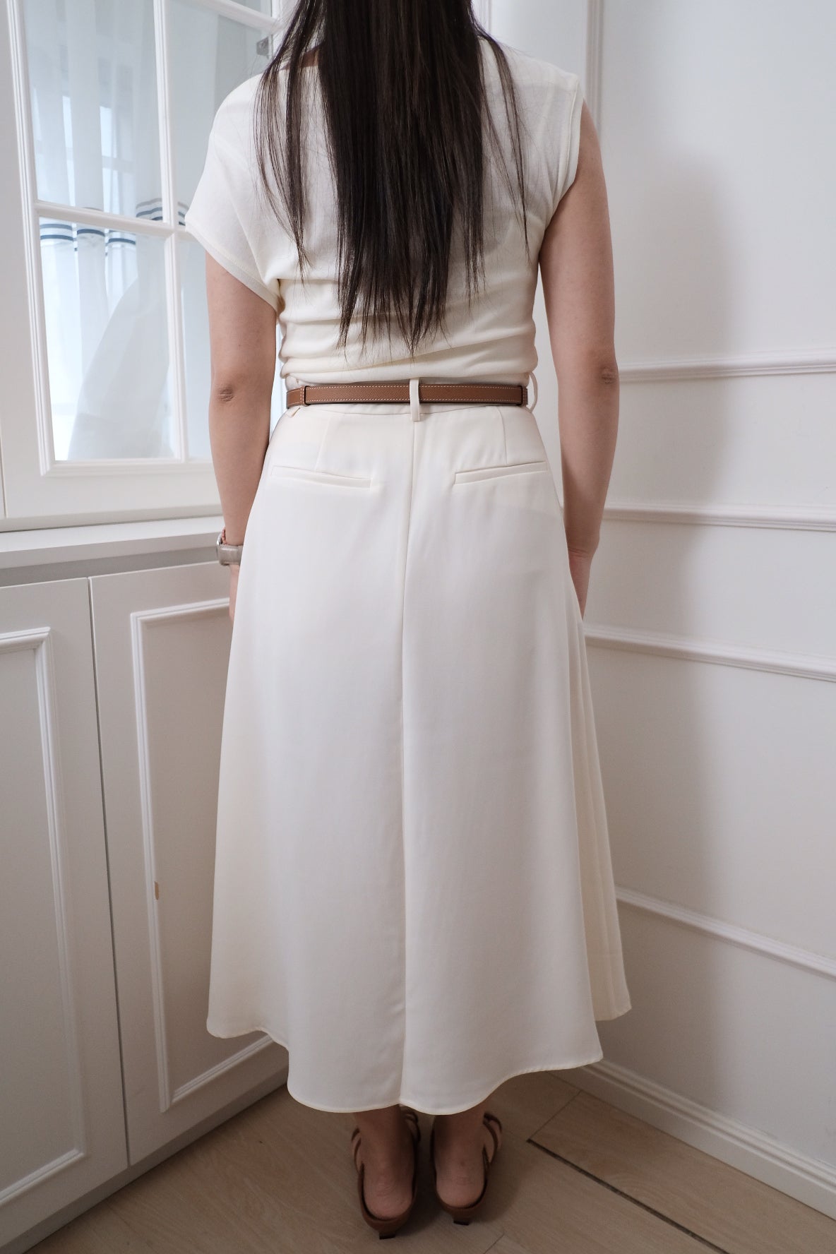 【LE ZANS BRAND COLLECTION】Cream Satin A-Line Midi Skirt [SK0079]
