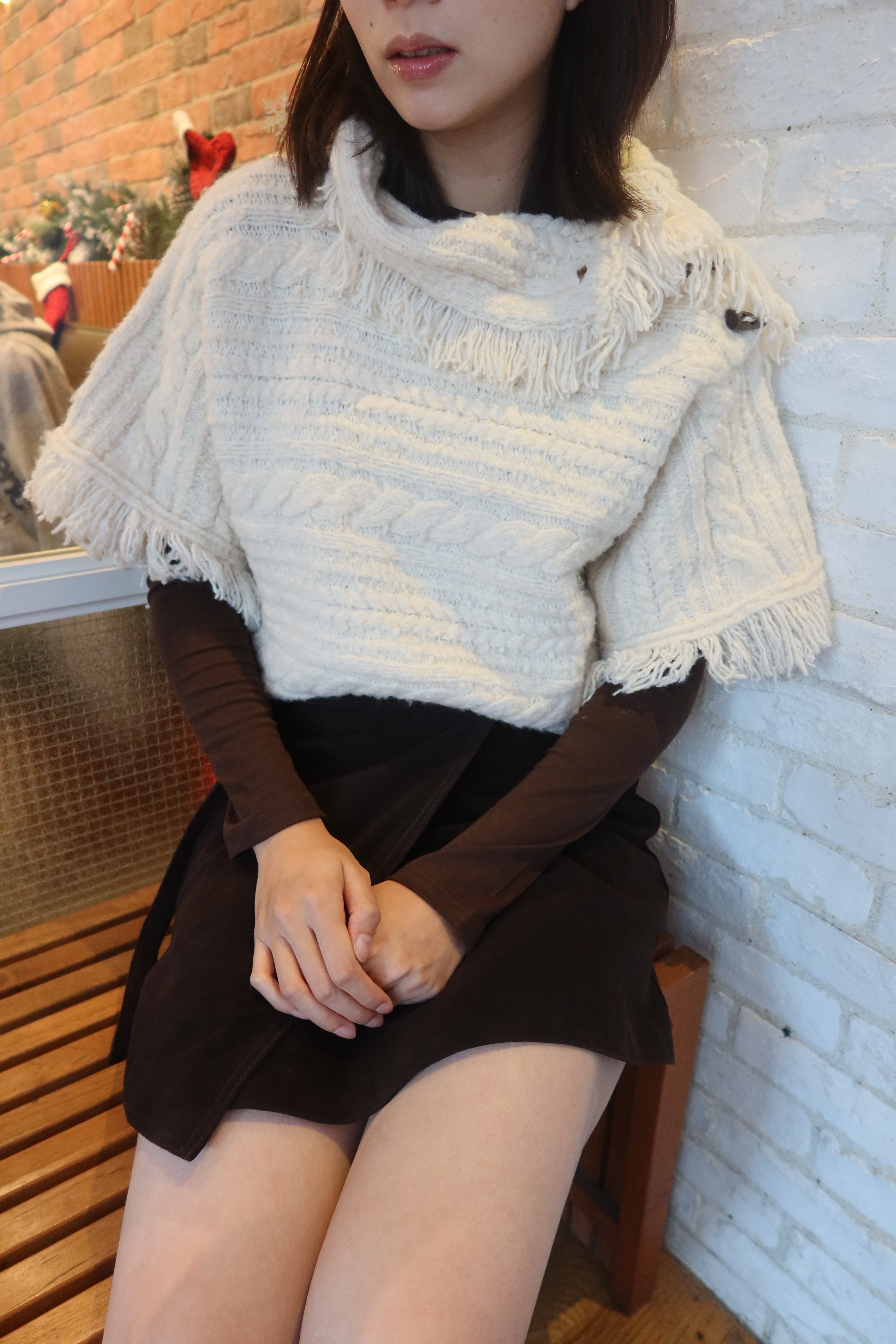 【LE ZANS BRAND COLLECTION】Frost White Fringed Chunky Knit Sweater (35%wool)  [T0248]