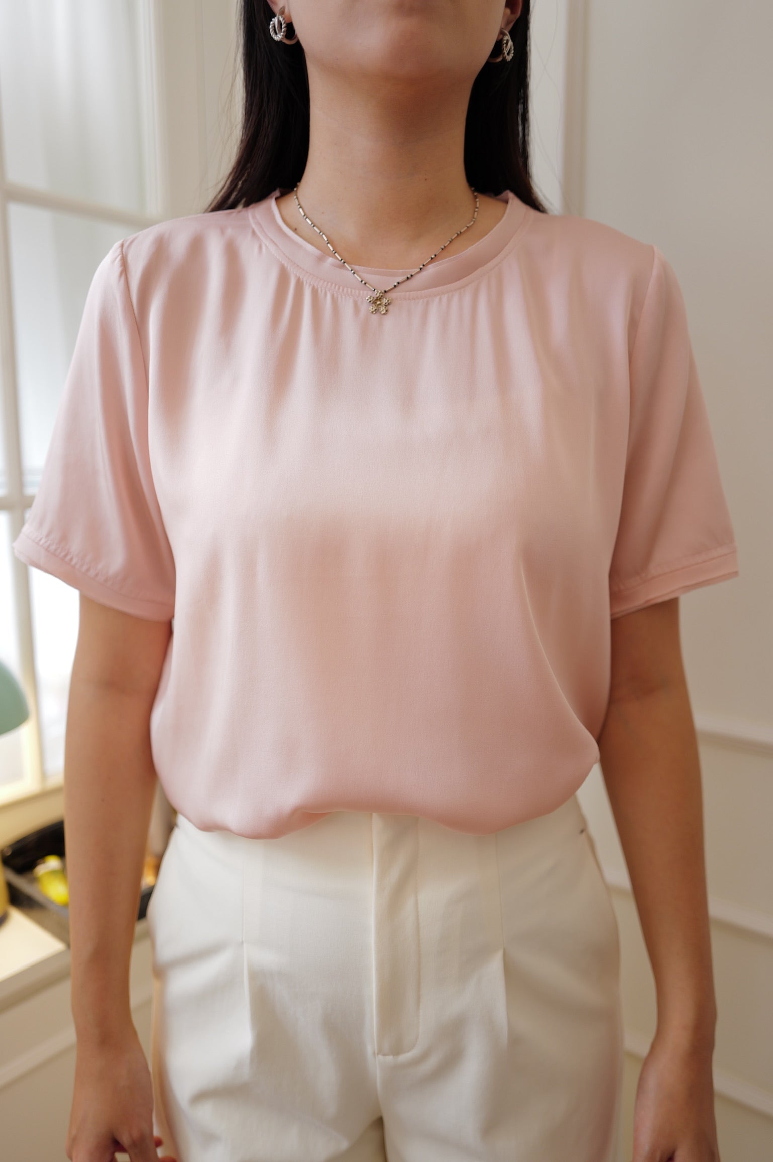 【LE ZANS PRIVÉ】 Pure Silk Gathered Short-Sleeve Top (100%Silk)[T0306]