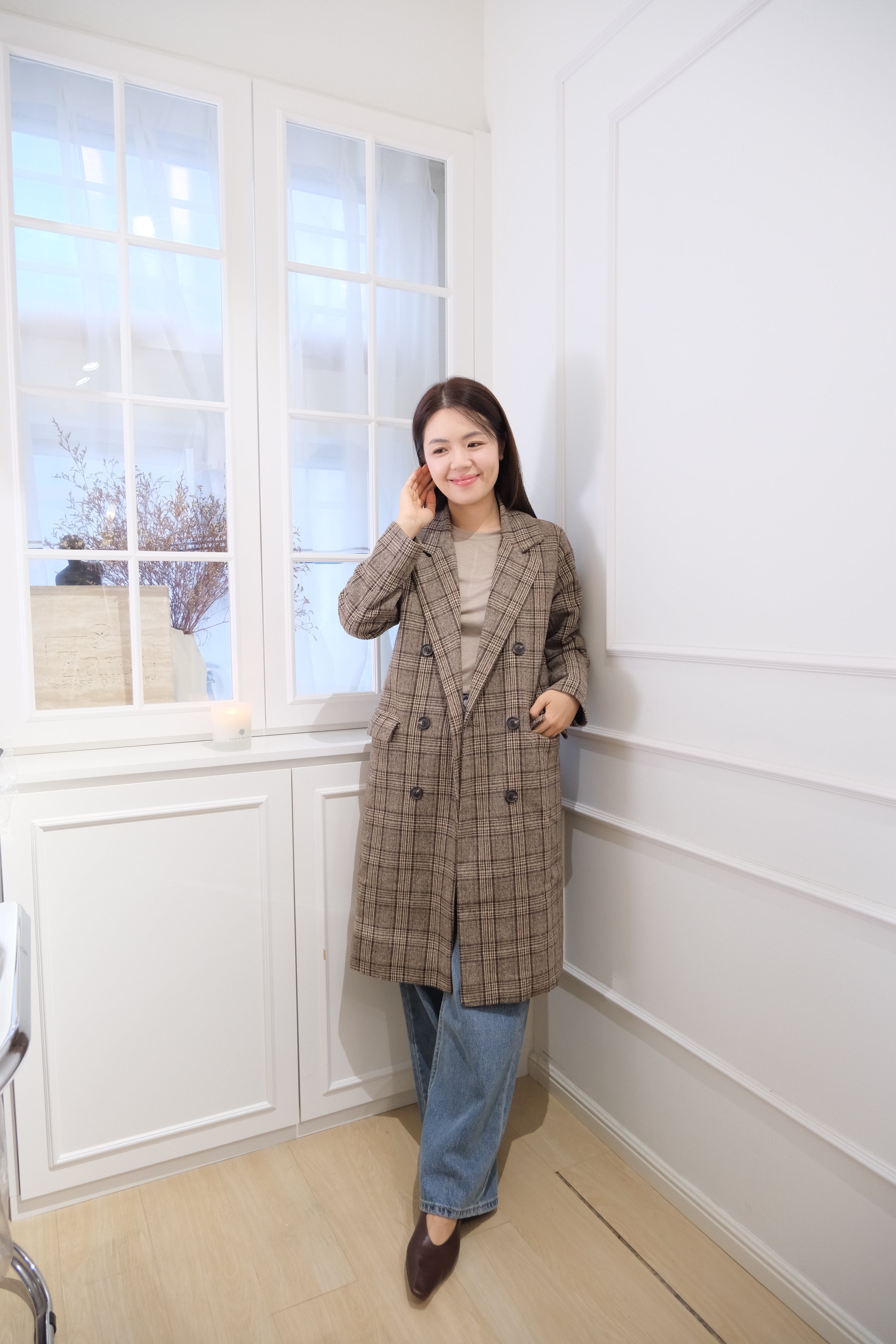 Plaid Long Double-Breasted Trench Coat [J0132]