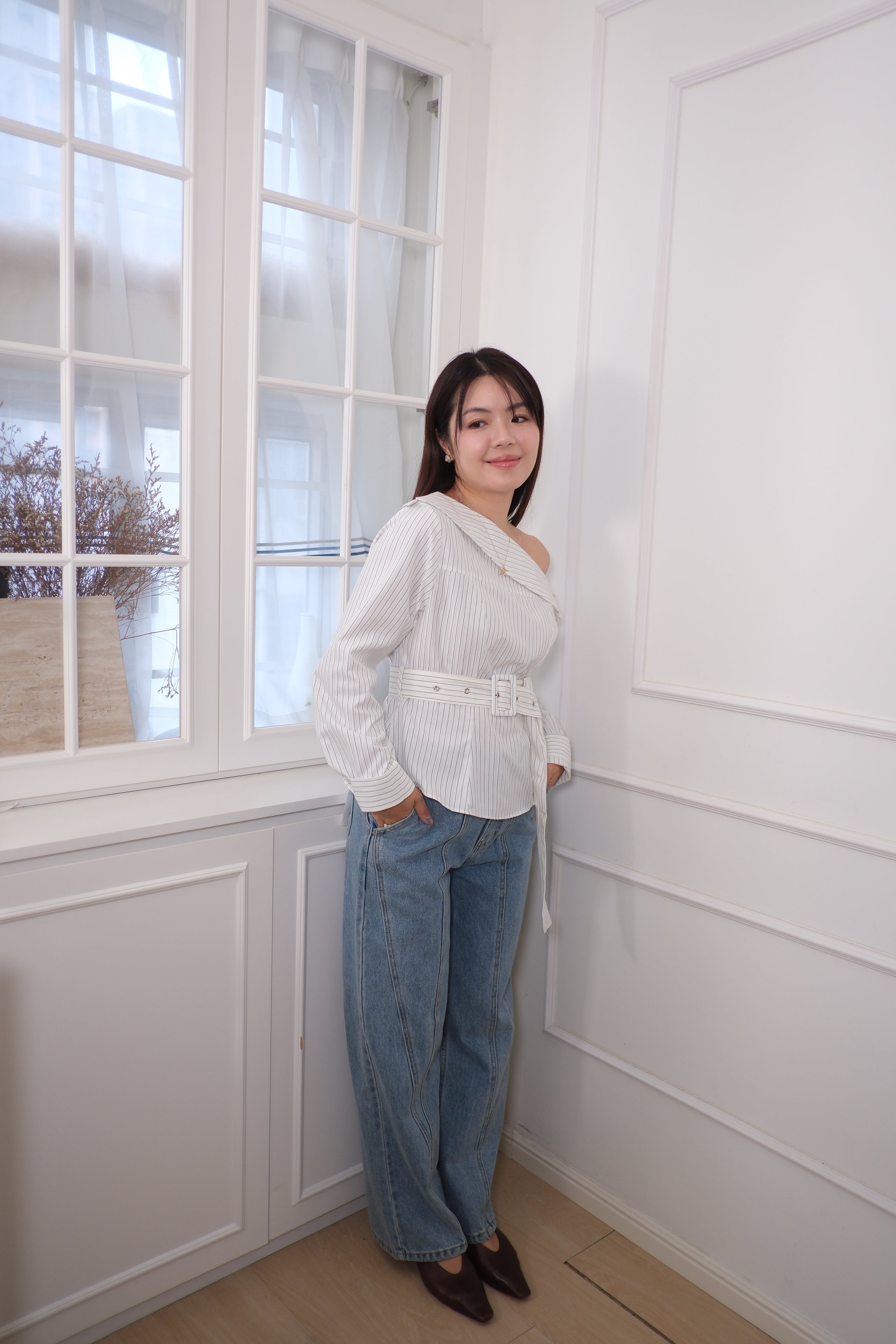 Striped Off-Shoulder Belt Blouse [T0261]