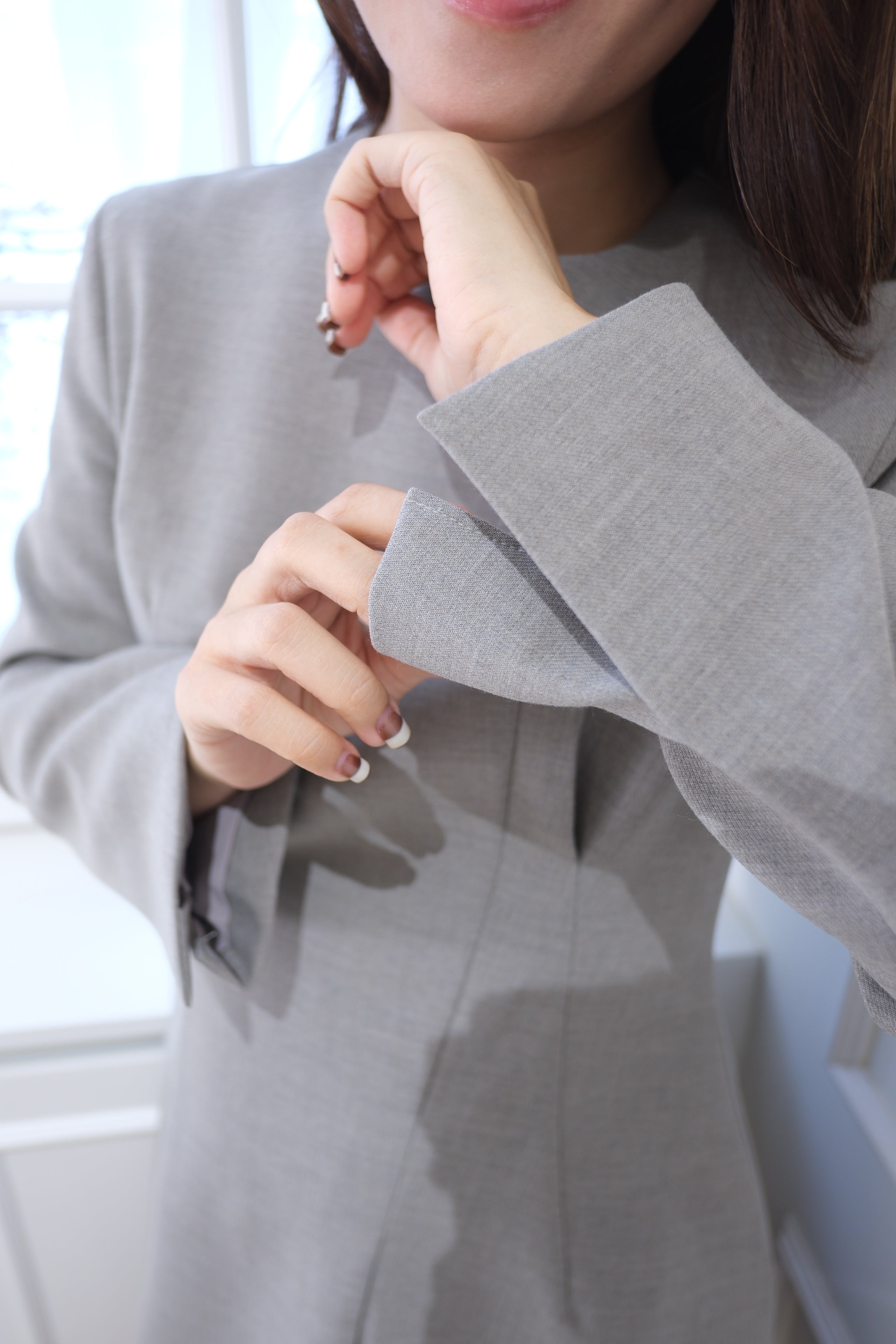 Elegant Ash Grey Long-Sleeve Shift Dress [OPS0175]