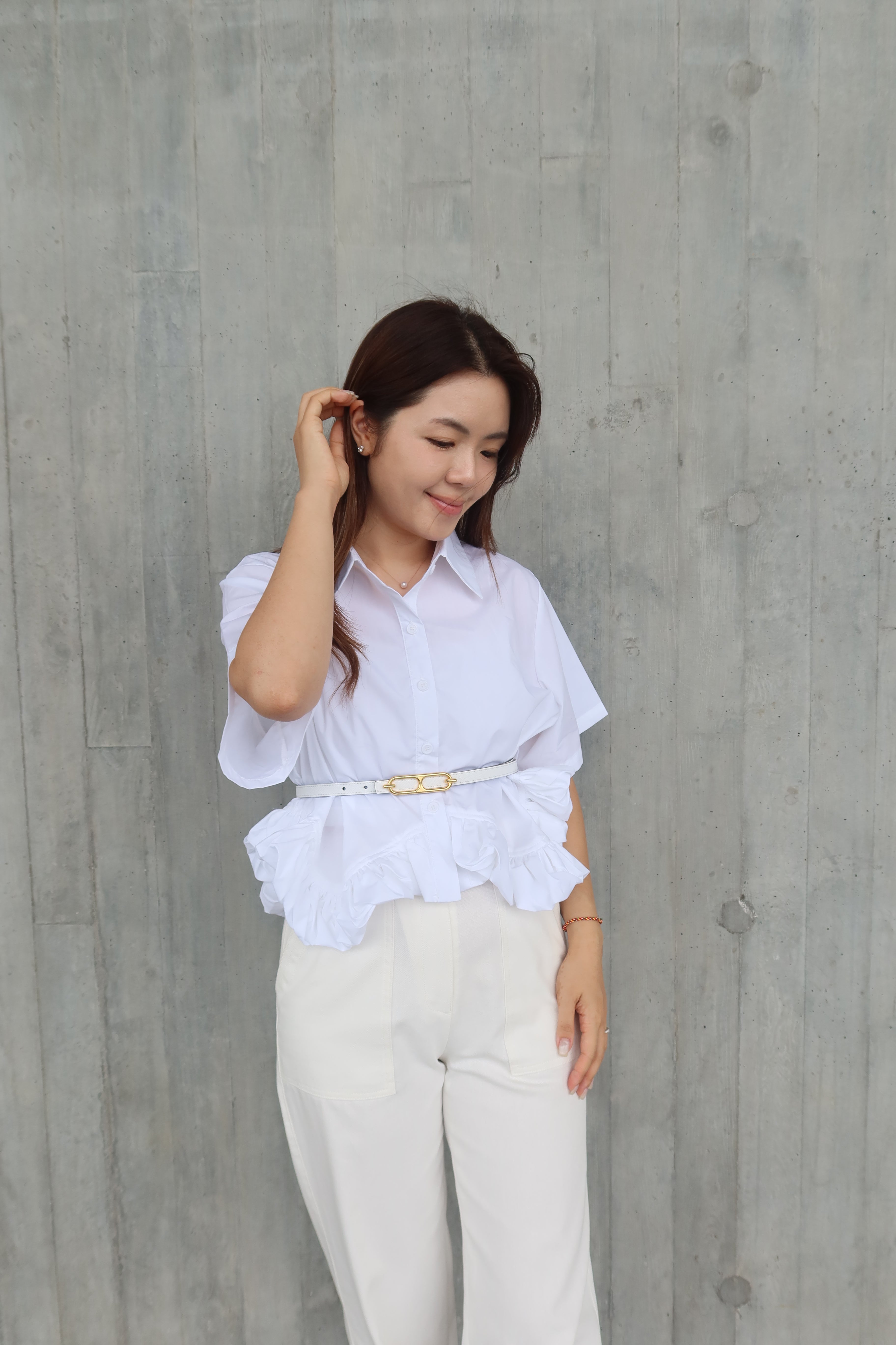 White Ruffle Trim Blouse [T0202]