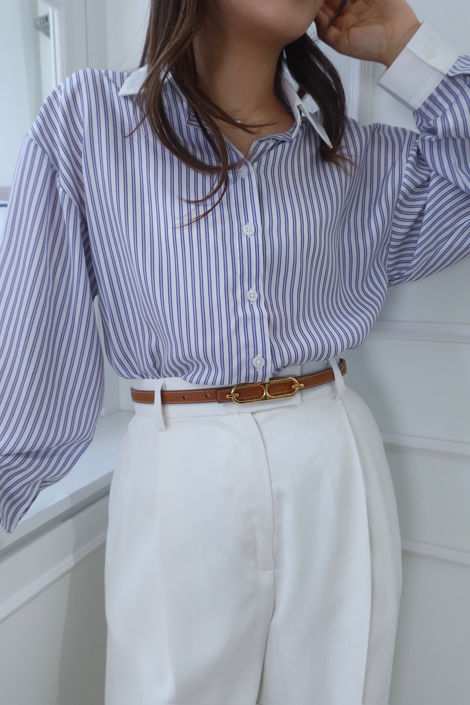 【LUXE COLLECTION】Off-white Wide Leg Pants with Buckle Belt [PT0061]