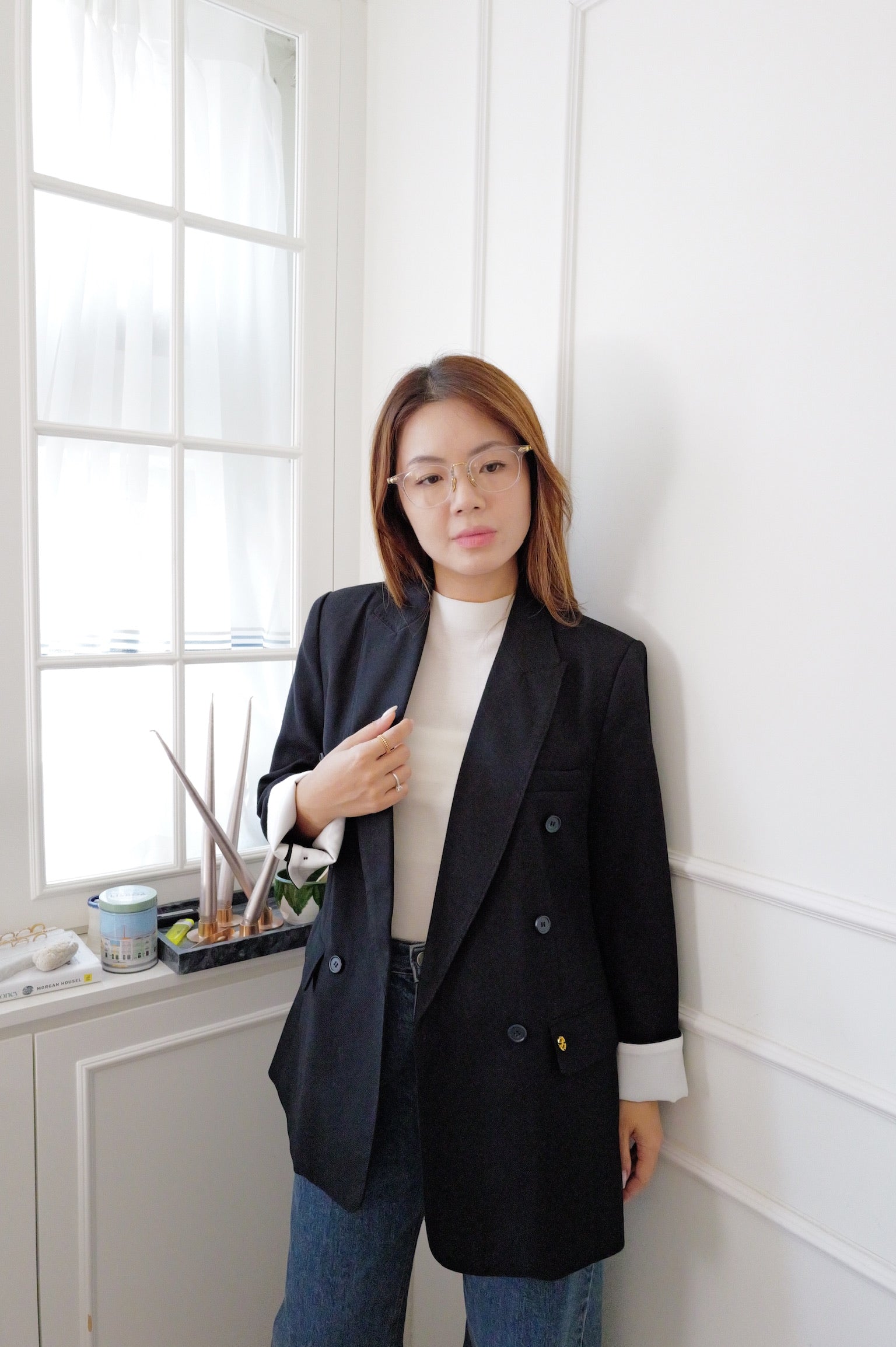 【LE ZANS PRIVÉ】Oversized Double-Breasted Blazer (59%wool,12%Silk) [J0147]