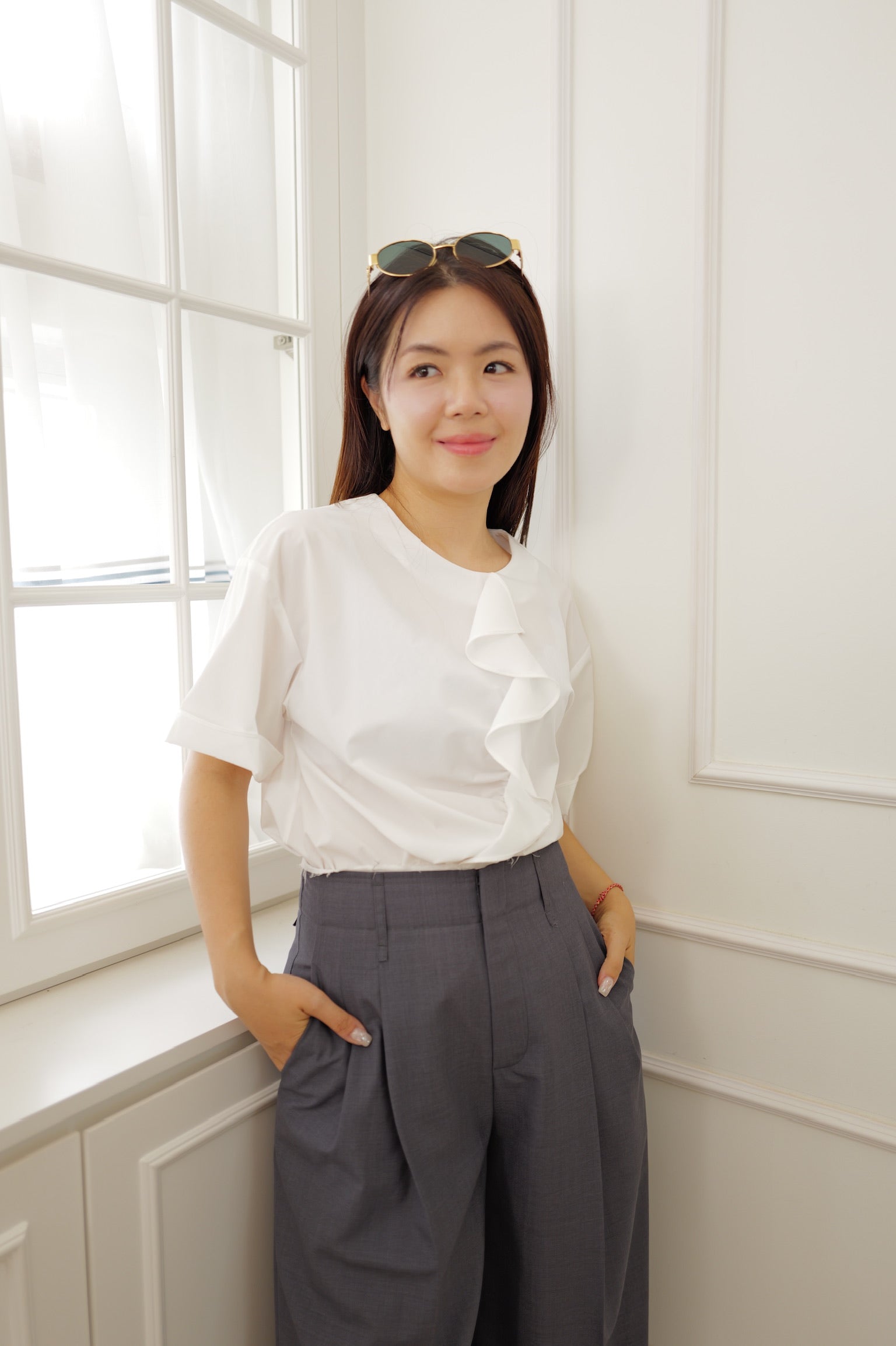 【LE ZANS BRAND COLLECTION】Asymmetric Ruffle Short Sleeve Blouse [T0276]