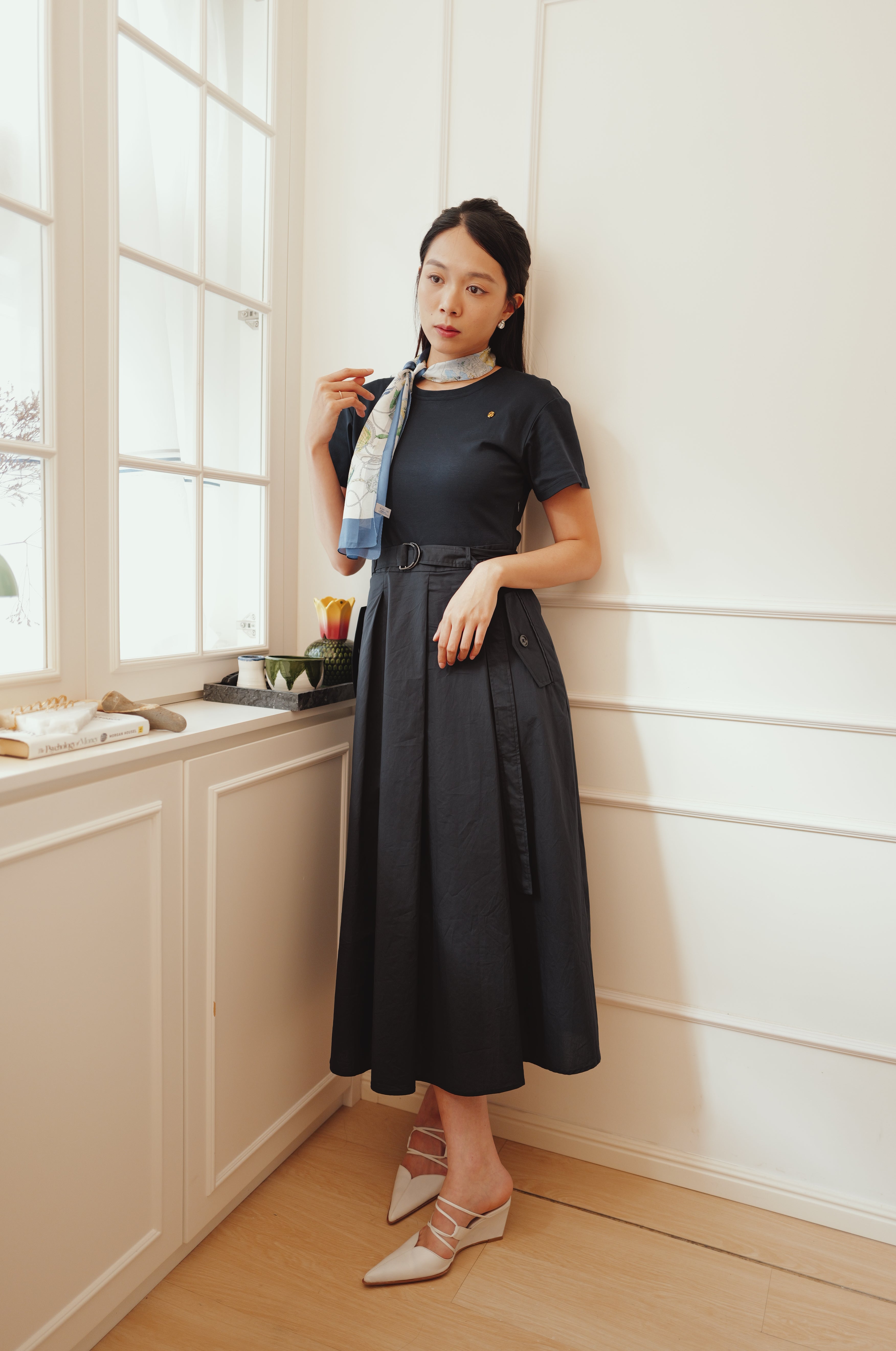 【LE ZANS BRAND COLLECTION】Minimalist Crewneck Belted A-Line Dress [OPS0186]