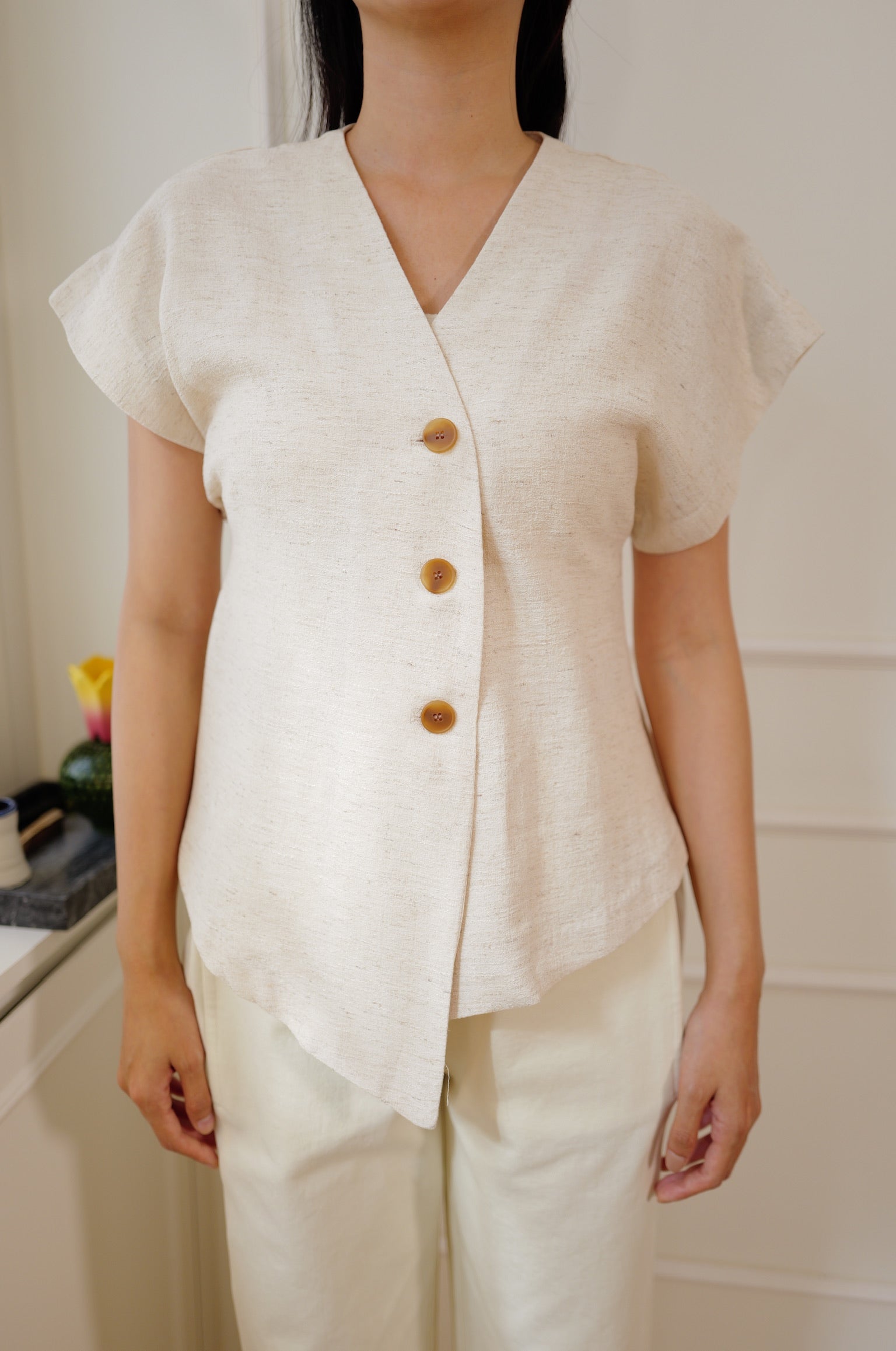 French Chic Asymmetric Hem Tweed-Like V-Neck Top [T0294]