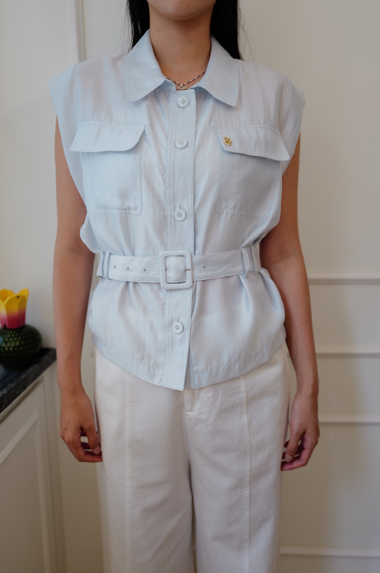 【LE ZANS BRAND COLLECTION】Pastel Sleeveless Belted Shirt [T0287]