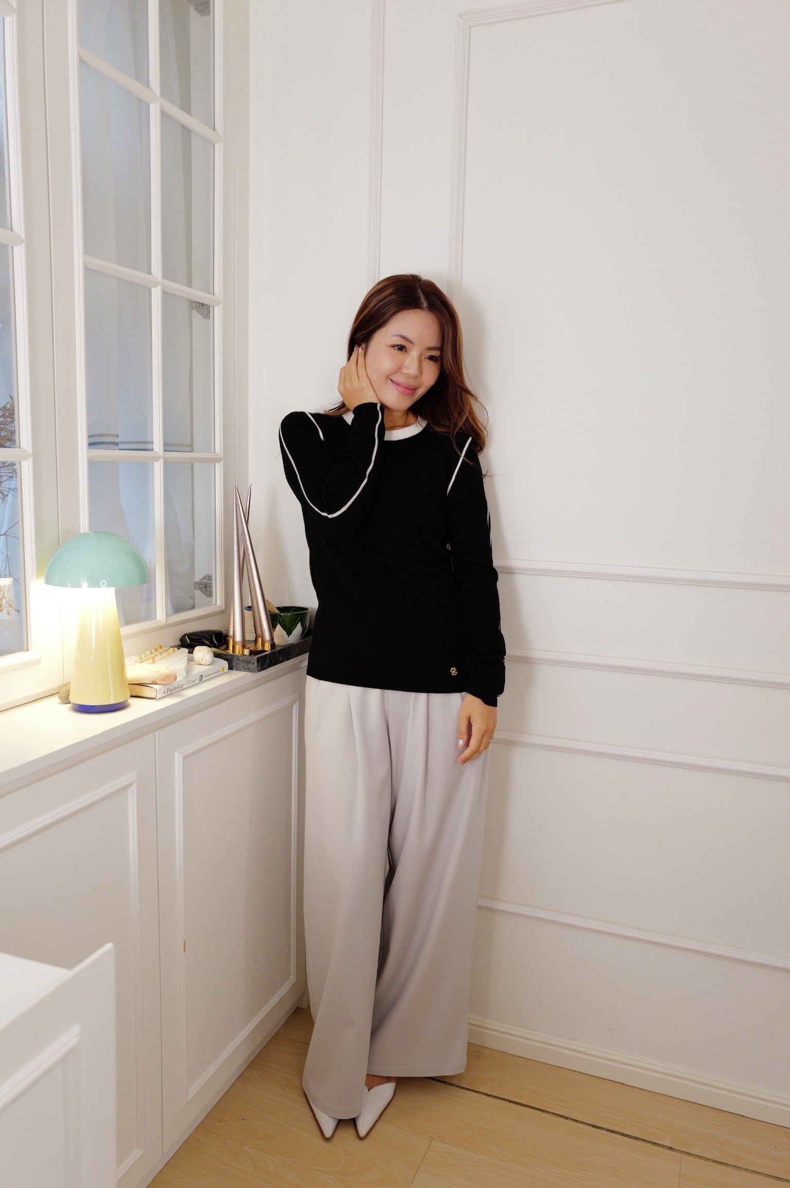 【LE ZANS PRIVÉ】Minimalist Contrast Piping Fitted Knit Long-Sleeve Top(33%wool) [T0311]