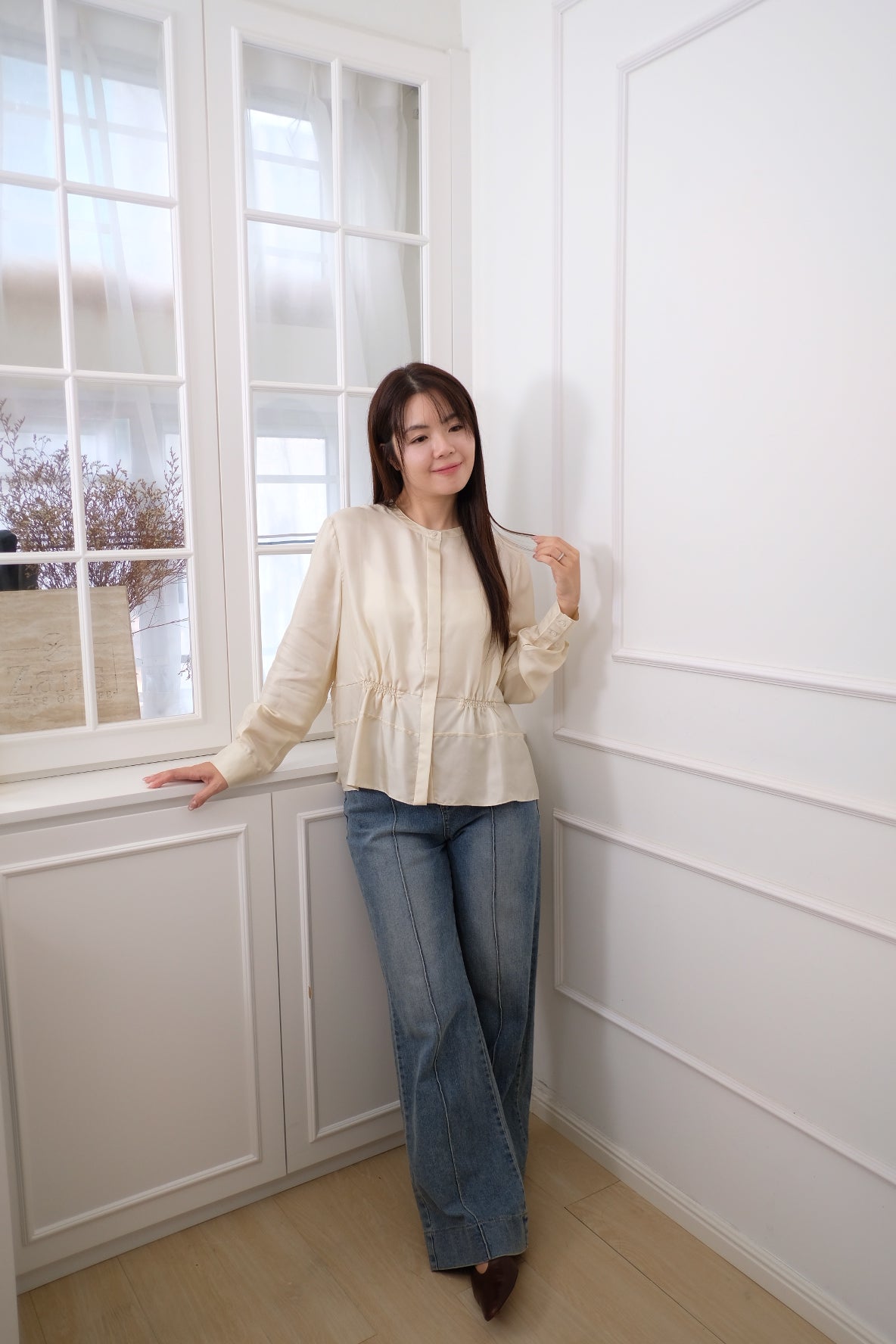 【LE ZANS BRAND COLLECTION】French Cream Bubble Blouse (100%SILK)[T0257]