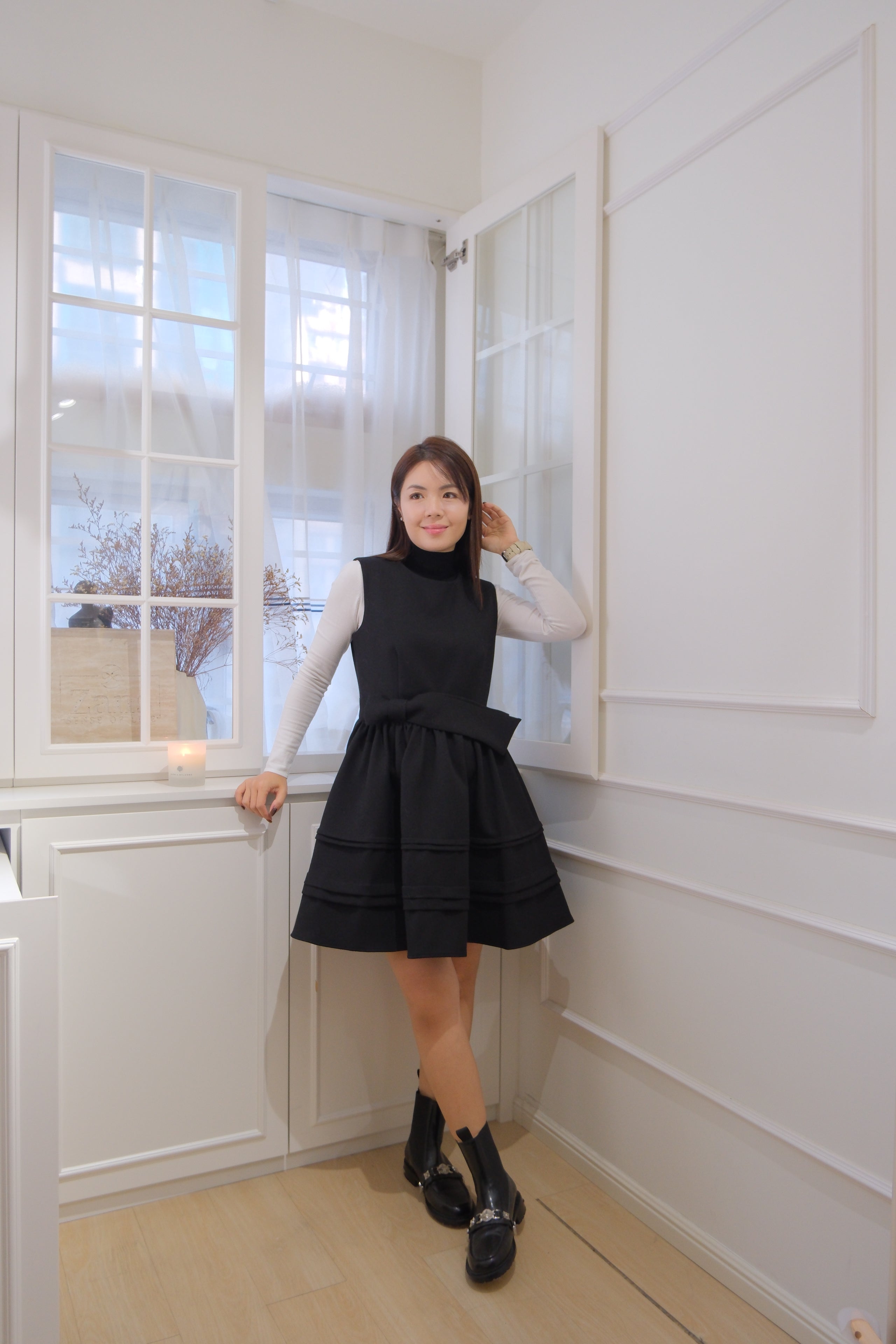 【LE ZANS BRAND COLLECTION】Black Bow-Accented Tiered Babydoll Dress [OPS0176]