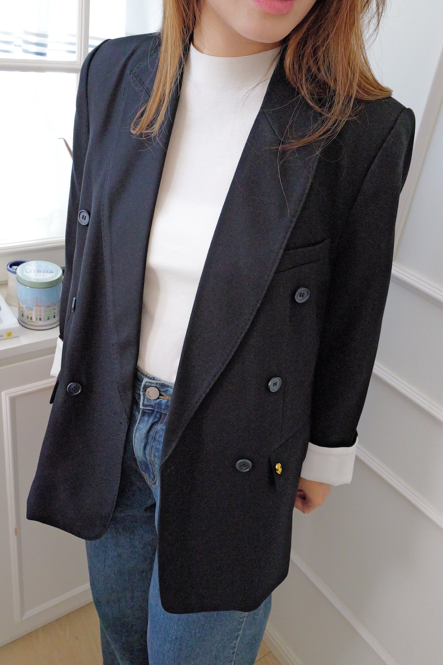 【LE ZANS PRIVÉ】Oversized Double-Breasted Blazer (59%wool,12%Silk) [J0147]