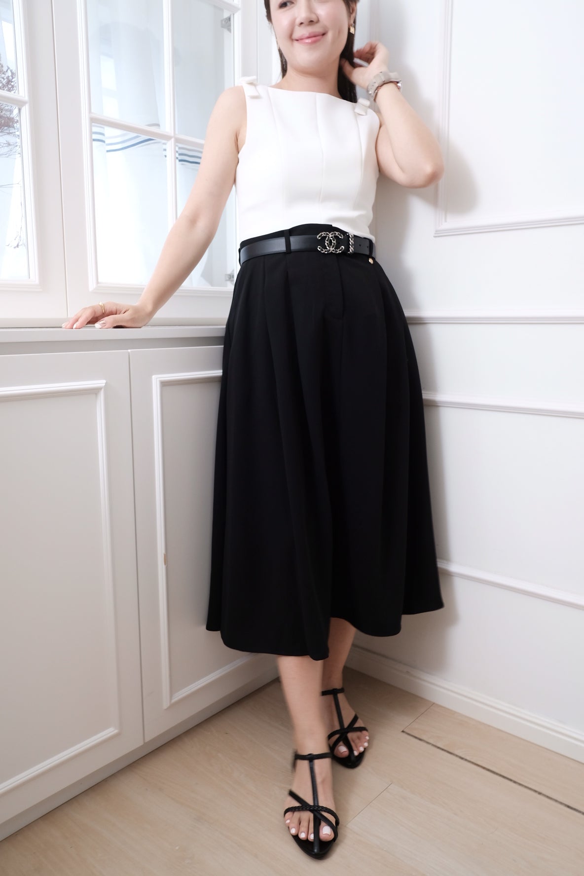 【LE ZANS BRAND COLLECTION】Cream Satin A-Line Midi Skirt [SK0079]