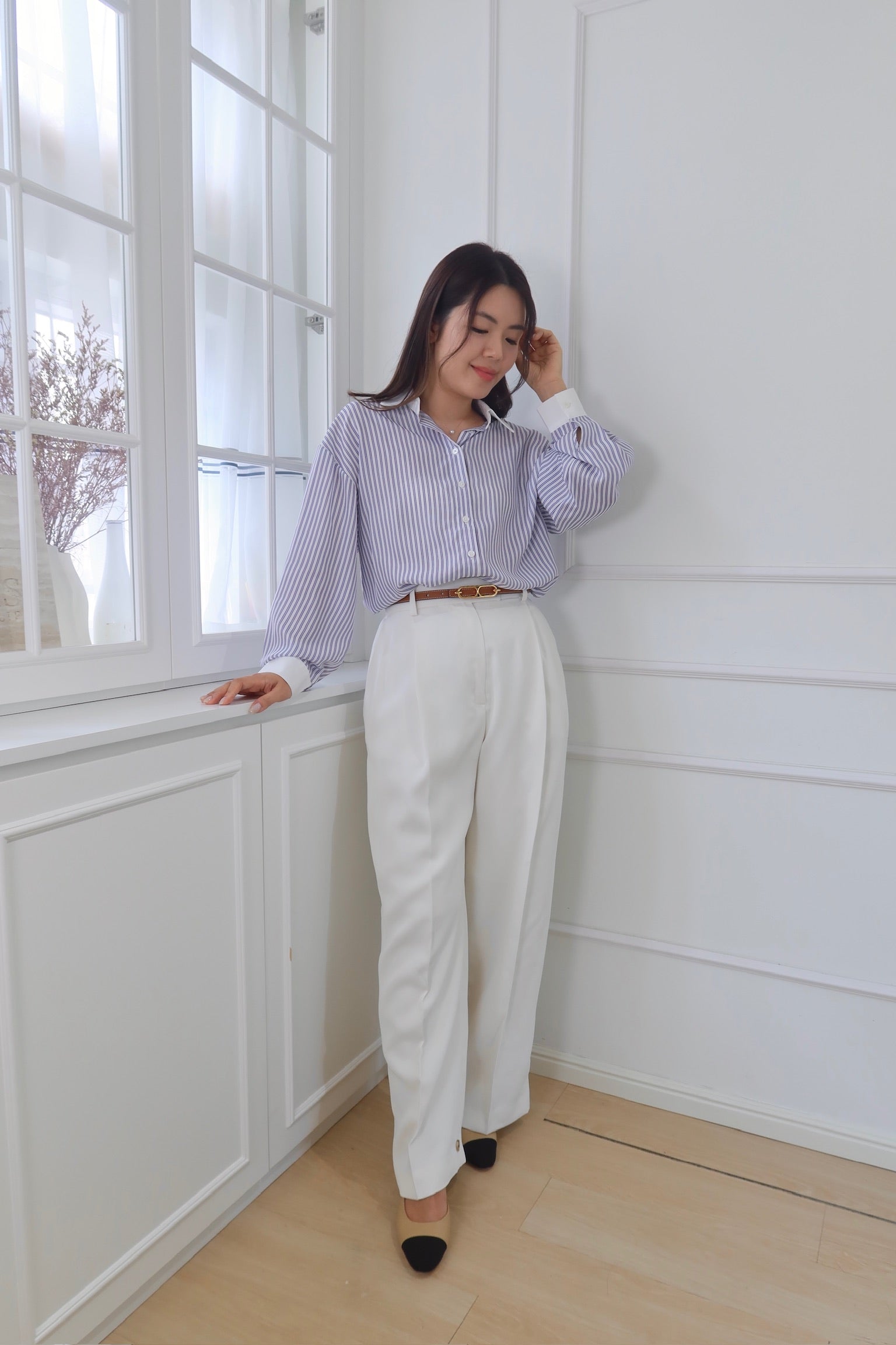 【LUXE COLLECTION】Off-white Wide Leg Pants with Buckle Belt [PT0061]