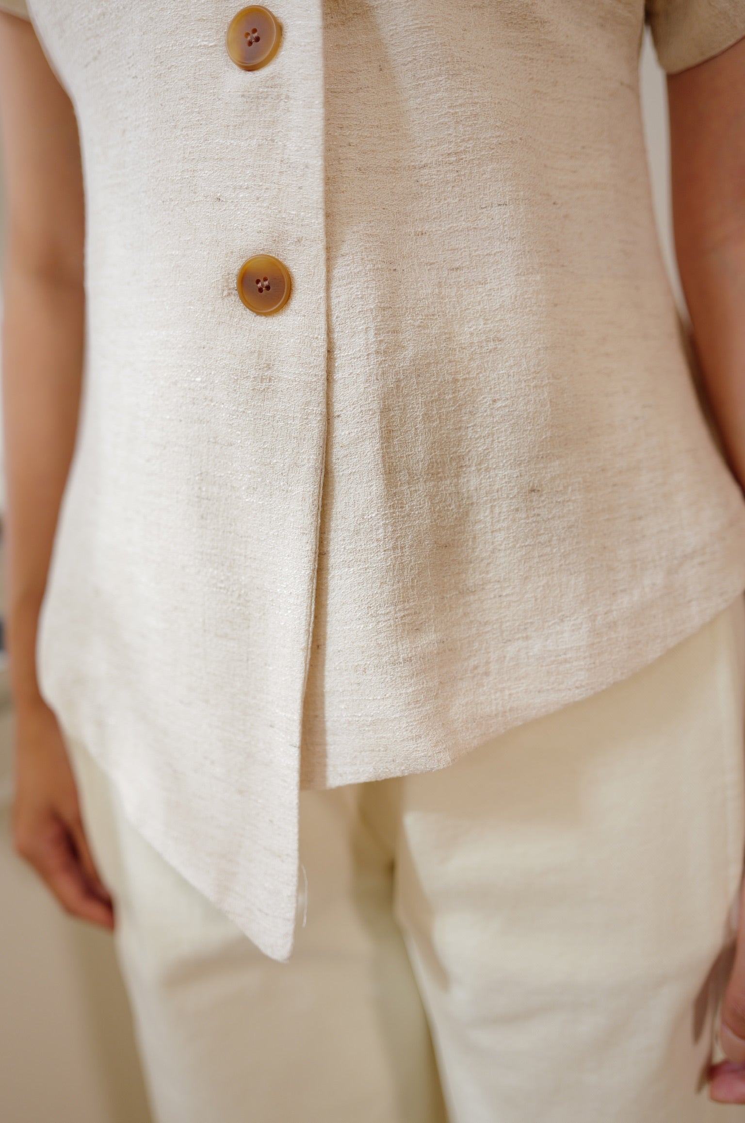 French Chic Asymmetric Hem Tweed-Like V-Neck Top [T0294]