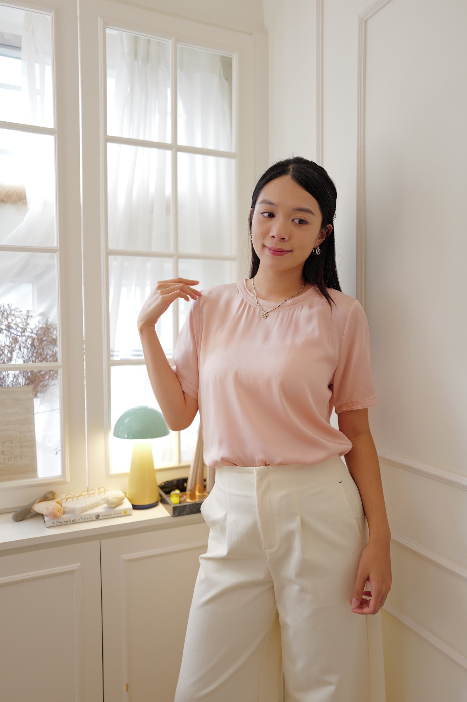 【LE ZANS PRIVÉ】 Pure Silk Gathered Short-Sleeve Top (100%Silk)[T0306]
