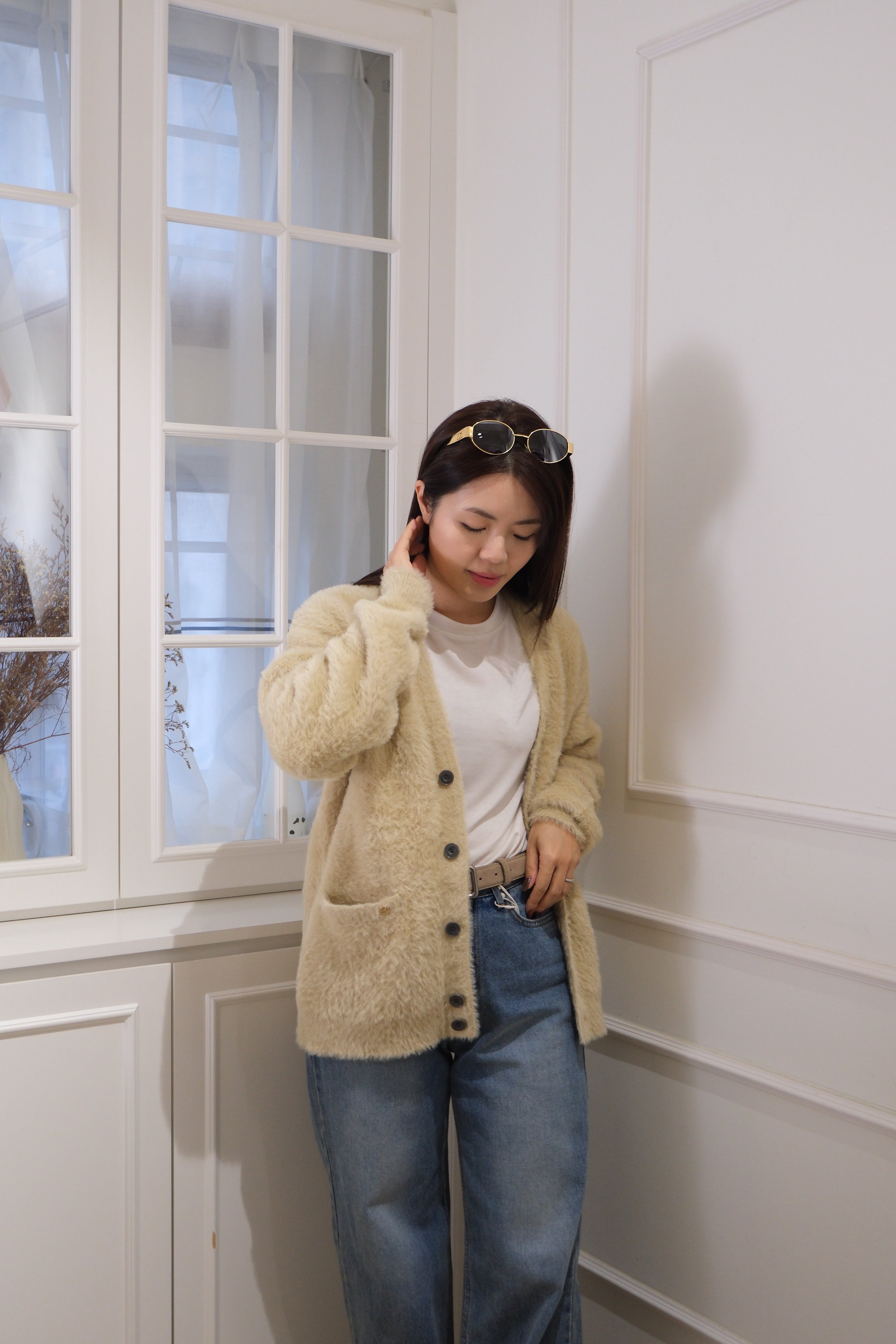 【LE ZANS BRAND COLLECTION】Fluffy Black Fuzzy Button Long Cardigan [J0130]