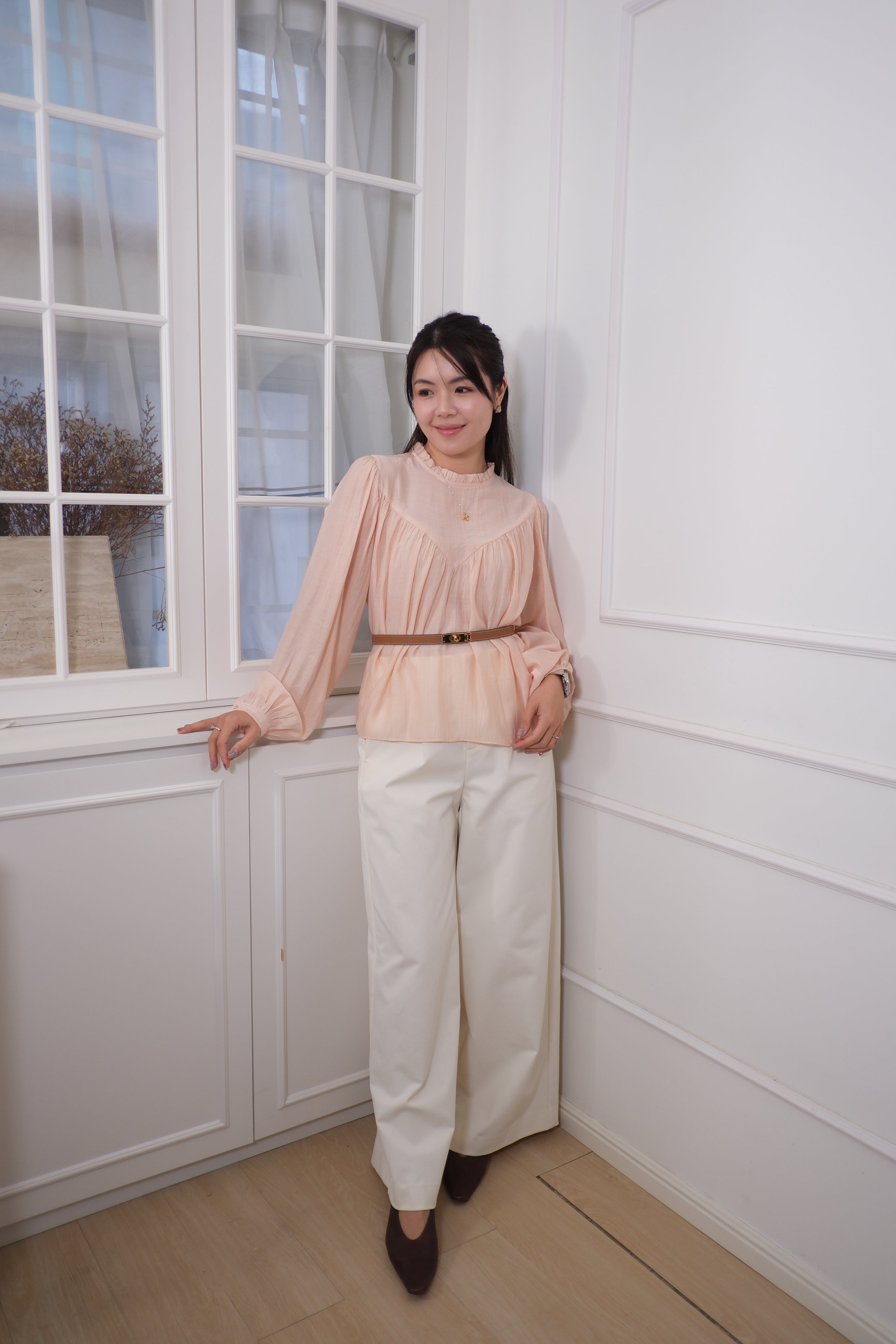 Ruffle Lace Insert Sheer Long Sleeve Top [T0262]