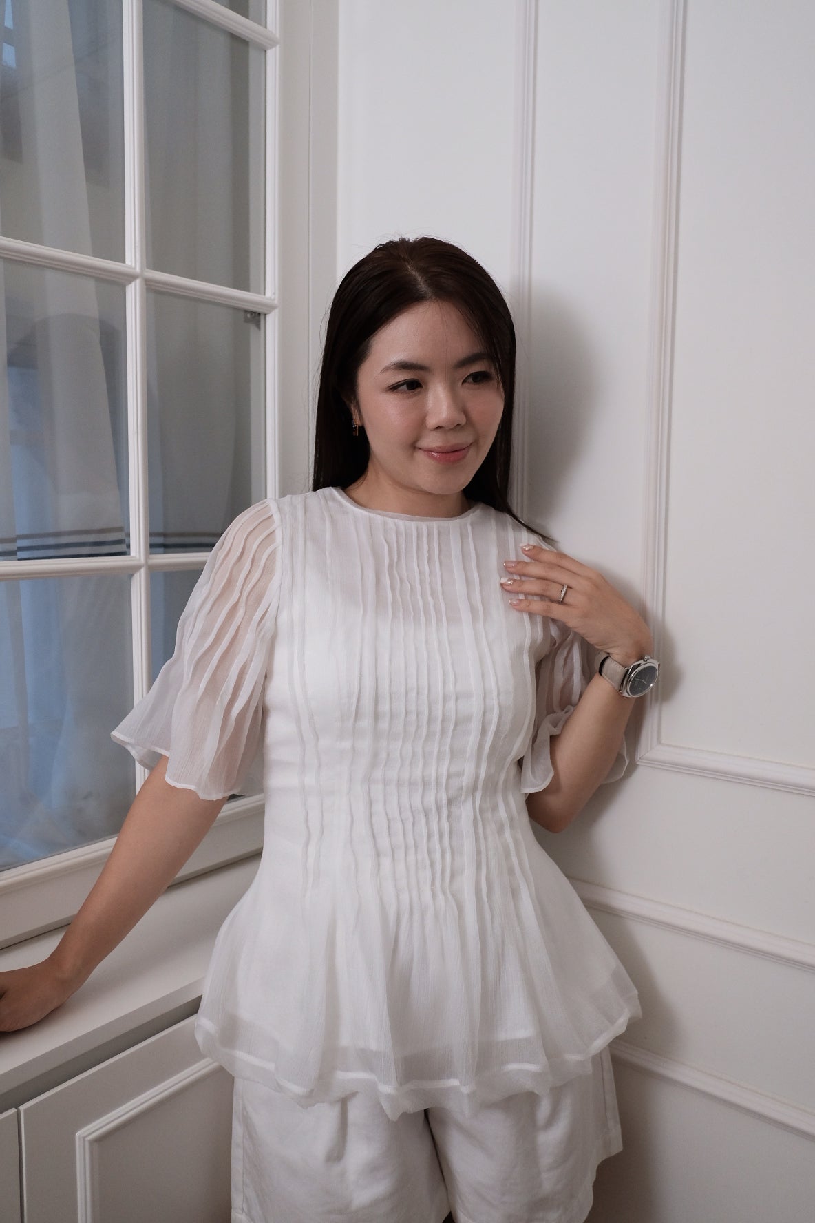 【LE ZANS BRAND COLLECTION】White Pleated Puff Sleeve Blouse [T0285]