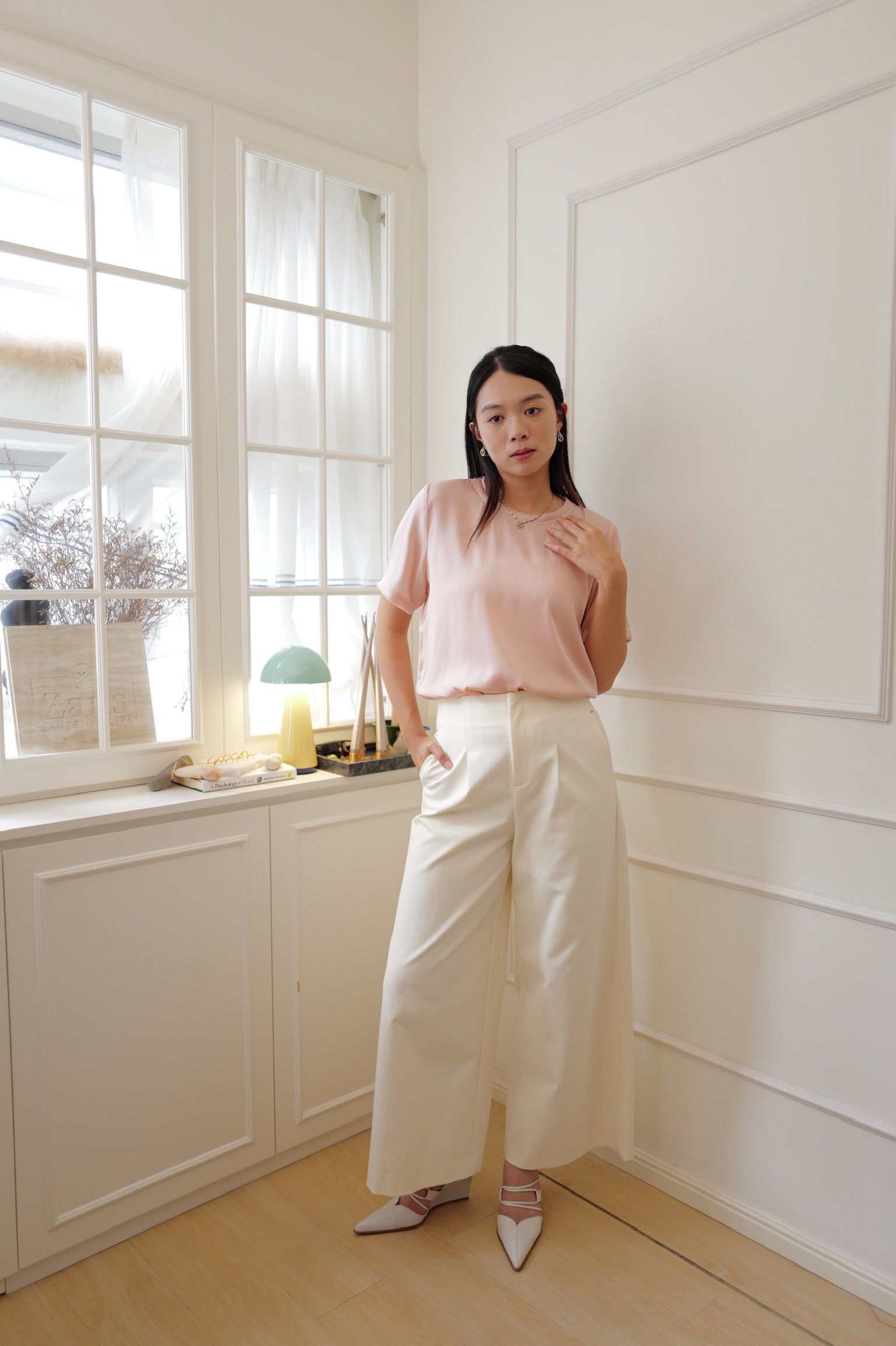 【LE ZANS PRIVÉ】 Pure Silk Gathered Short-Sleeve Top (100%Silk)[T0306]