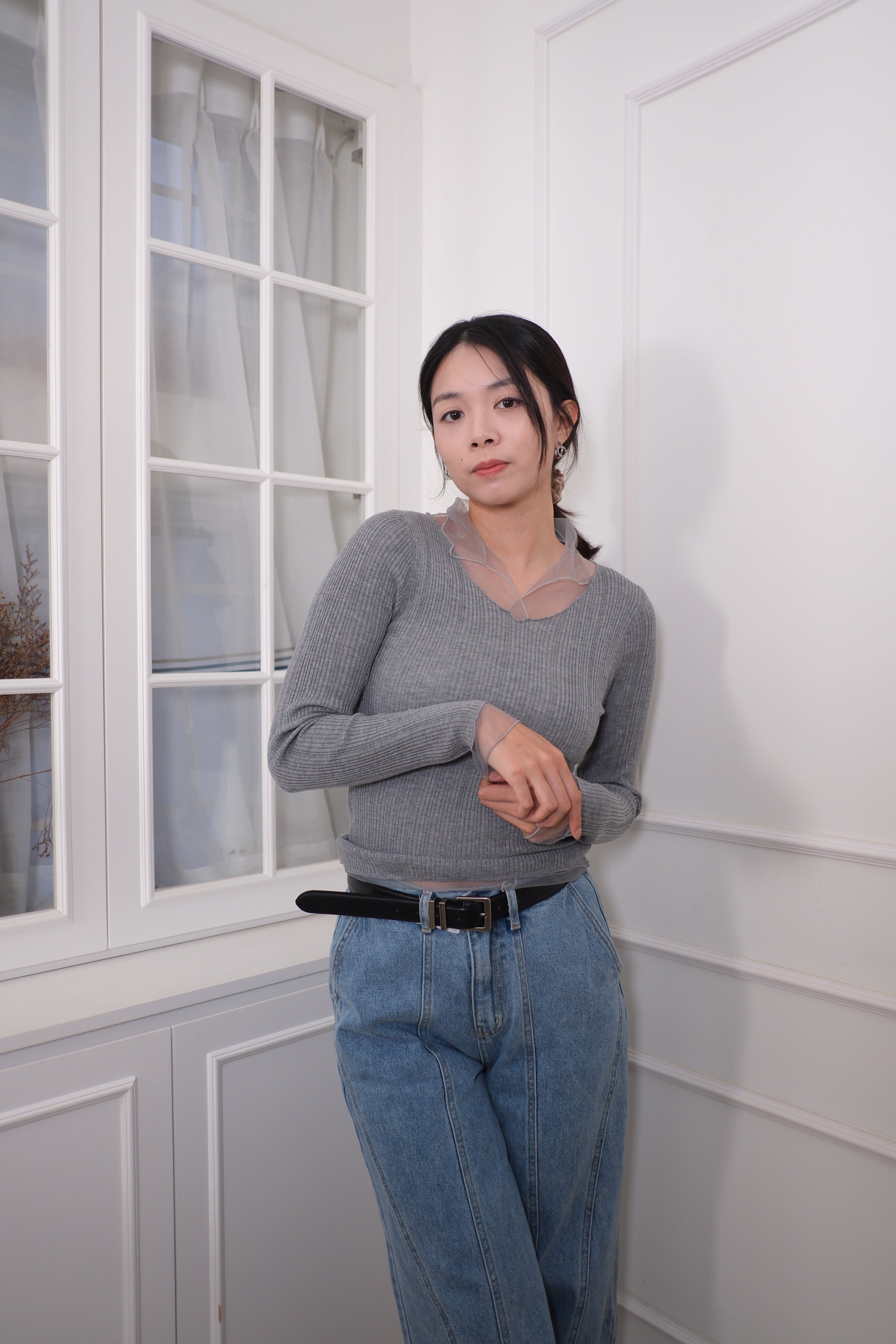 Mesh Overlay Knit Long Sleeve Top [T0258]