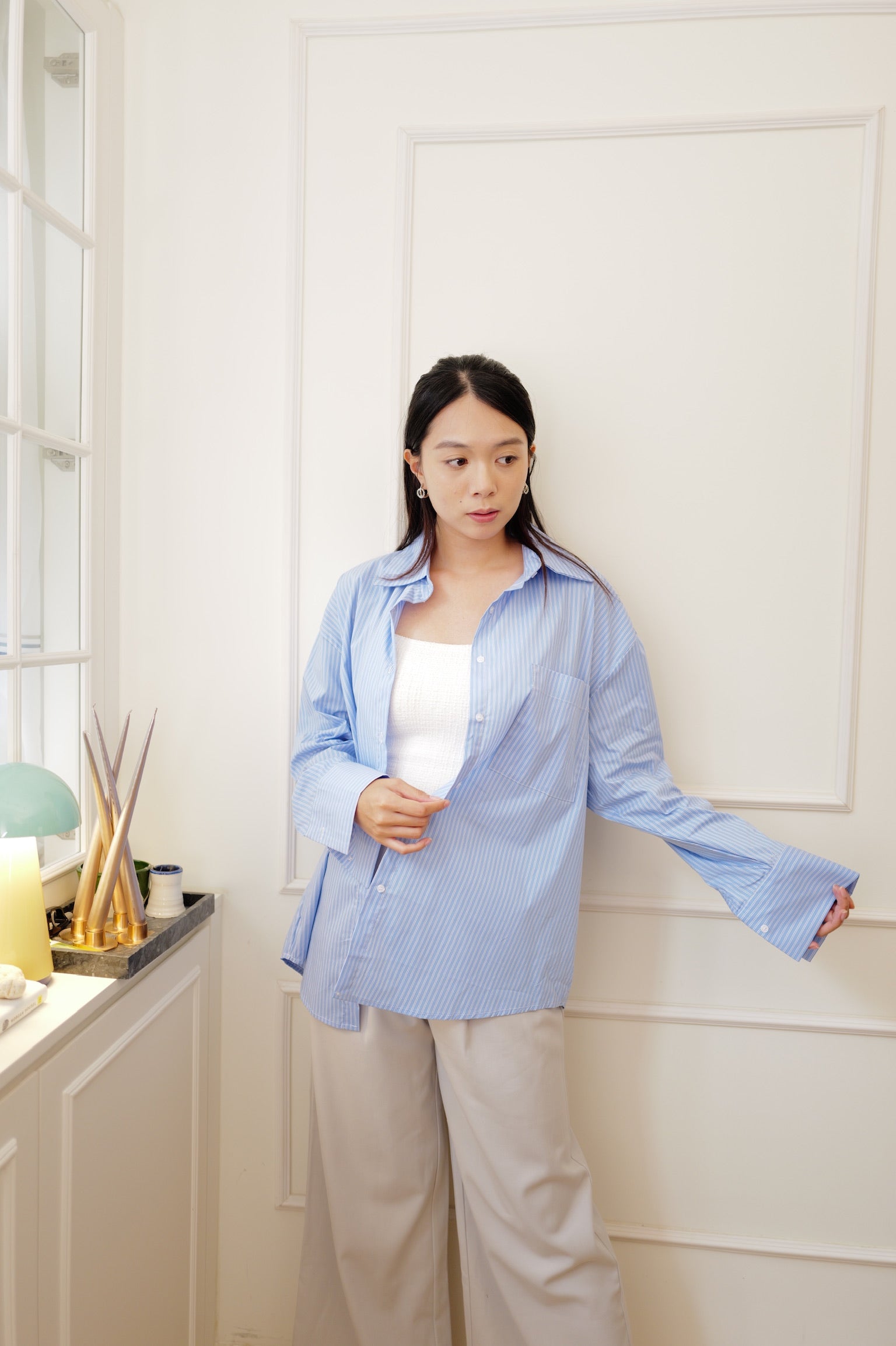 【LE ZANS BRAND COLLECTION】Relaxed Pointed-Collar Striped Button-Down Cover-Up [J0144]