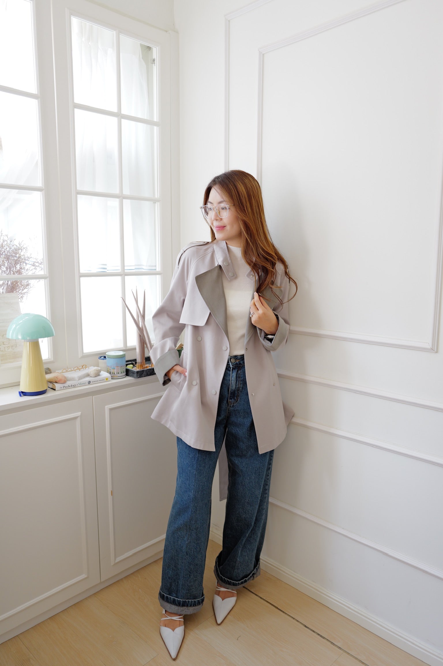 【LE ZANS PRIVÉ】French Two-Tone Lapel Belted Short Trench Coat [J0146]