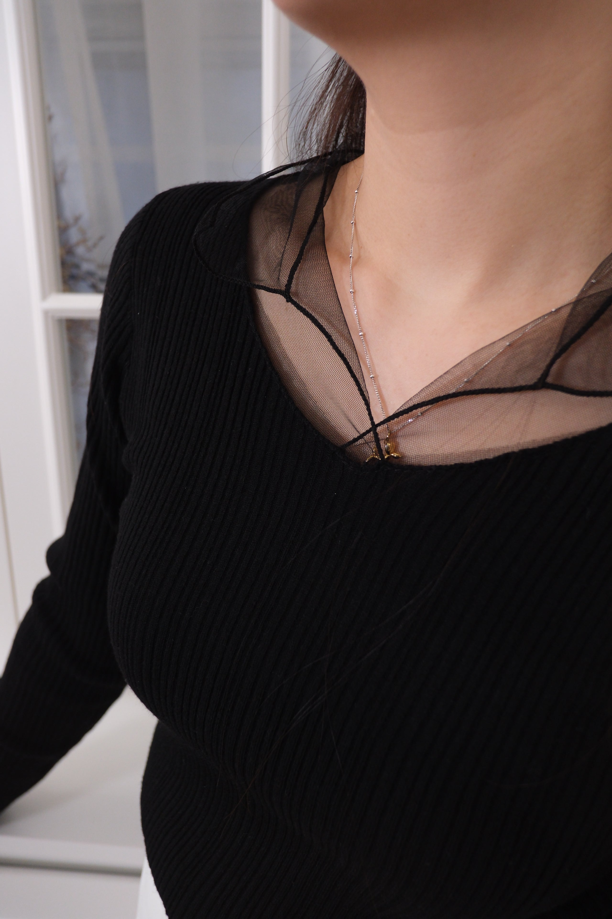 Mesh Overlay Knit Long Sleeve Top [T0258]