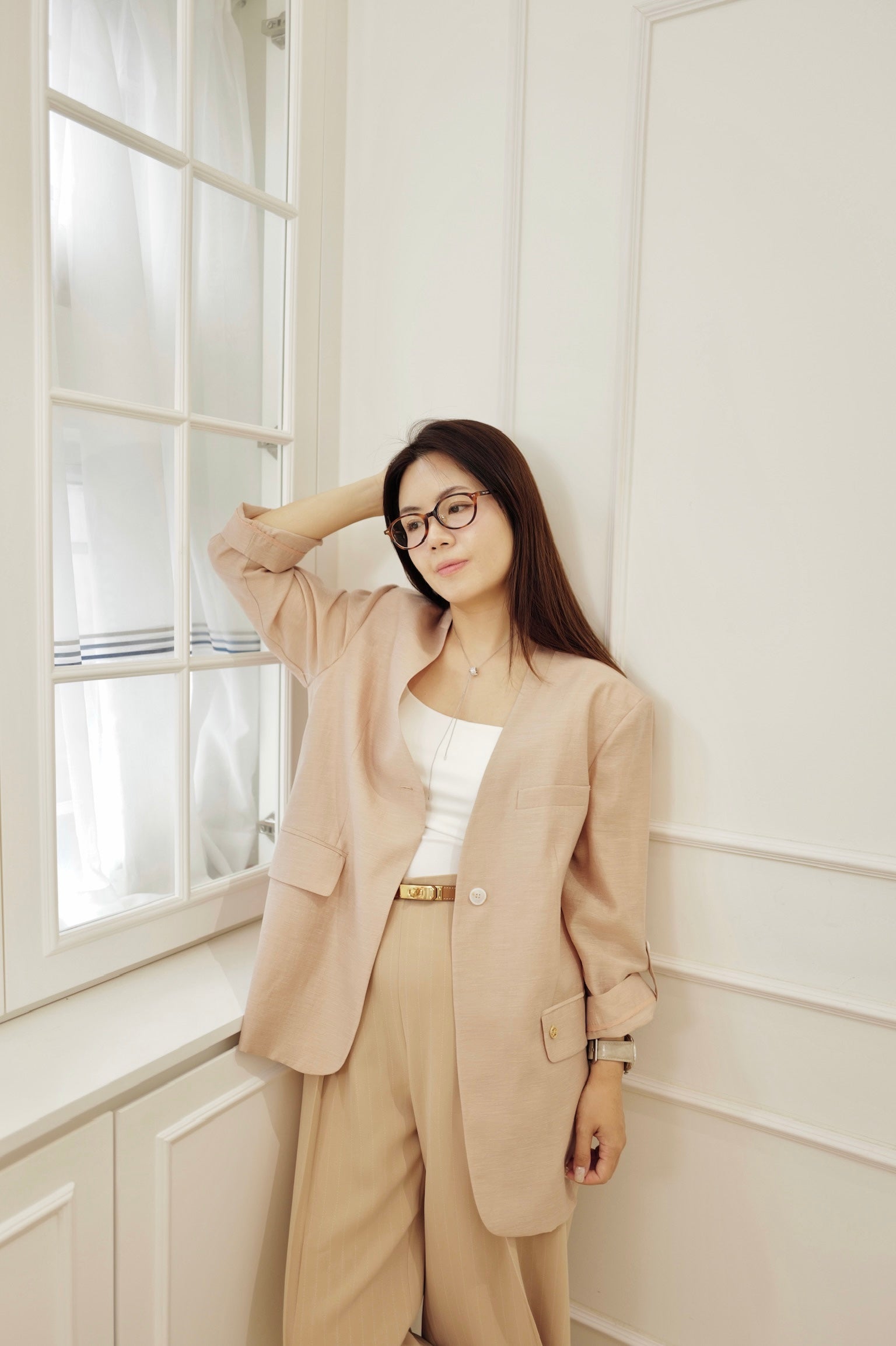 【LE ZANS BRAND COLLECTION】Blazer with Rolled Sleeves (20% Acetate, 57% Lyocell, 17% Rayon, 6% Linen) [J0138]