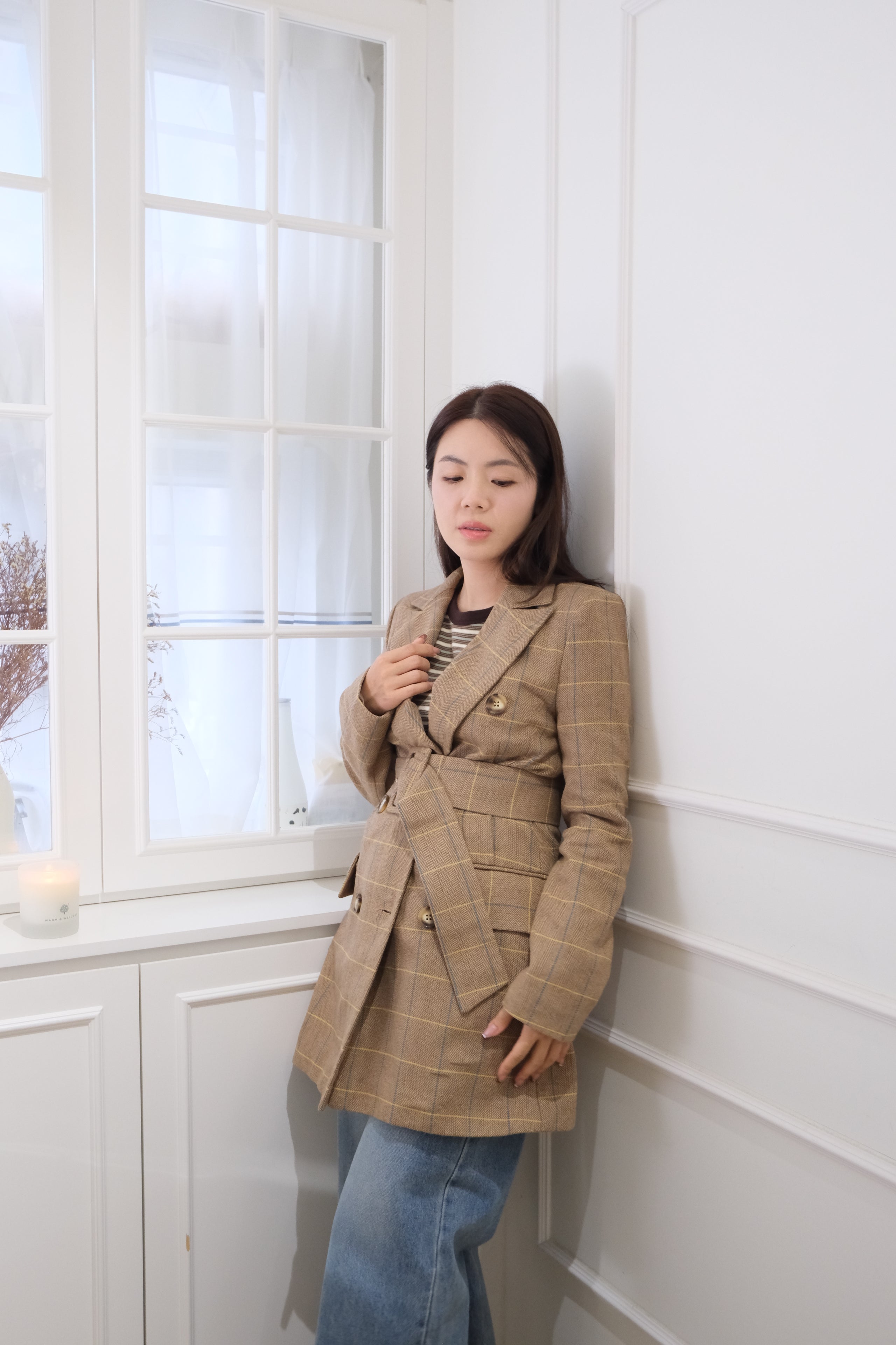 Plaid Double-Breasted Belted Trench Coat [J0131]