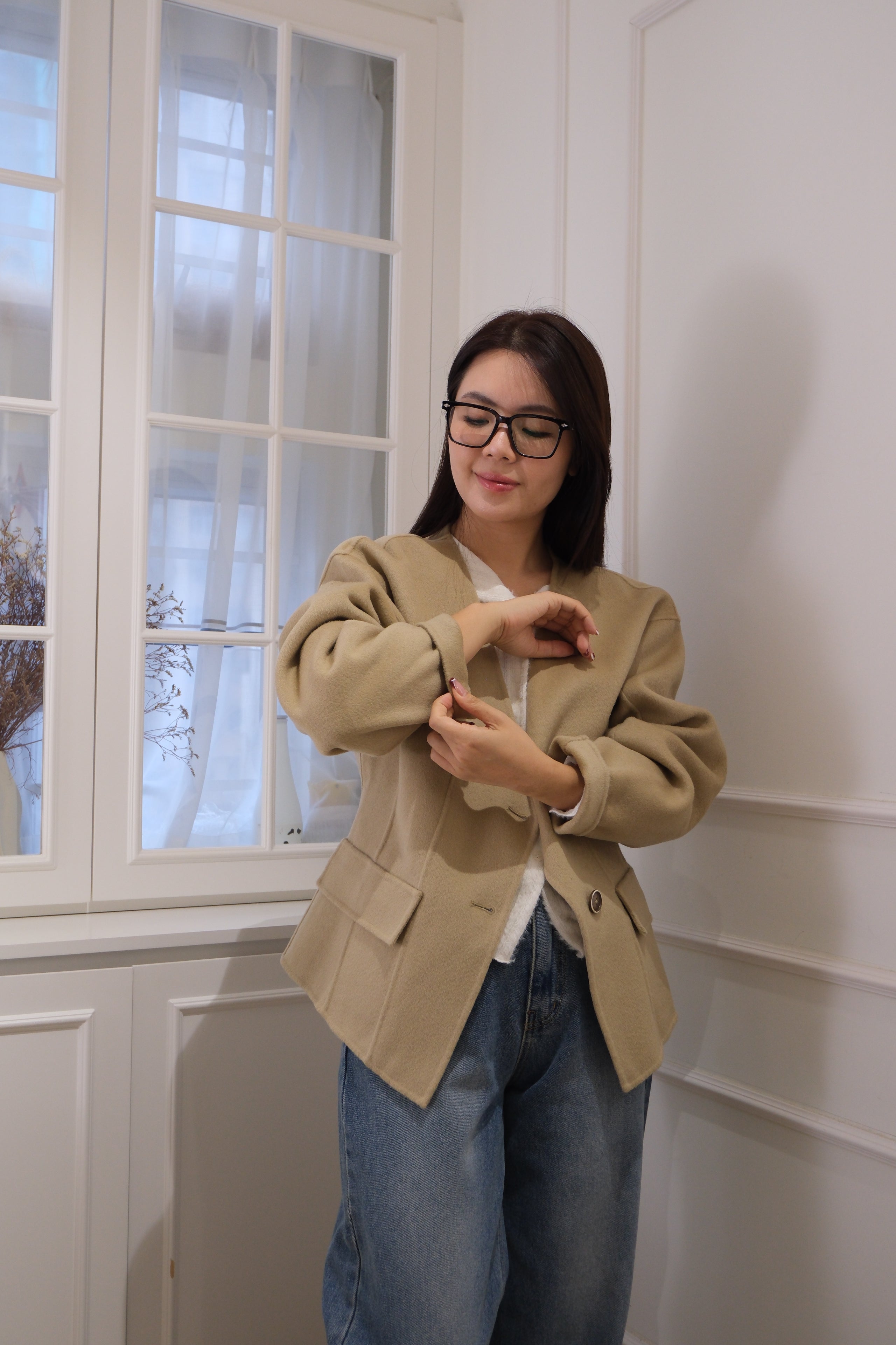 【LE ZANS BRAND COLLECTION】 Khaki Slim Open Chest Coat (100%wool) [J0069]