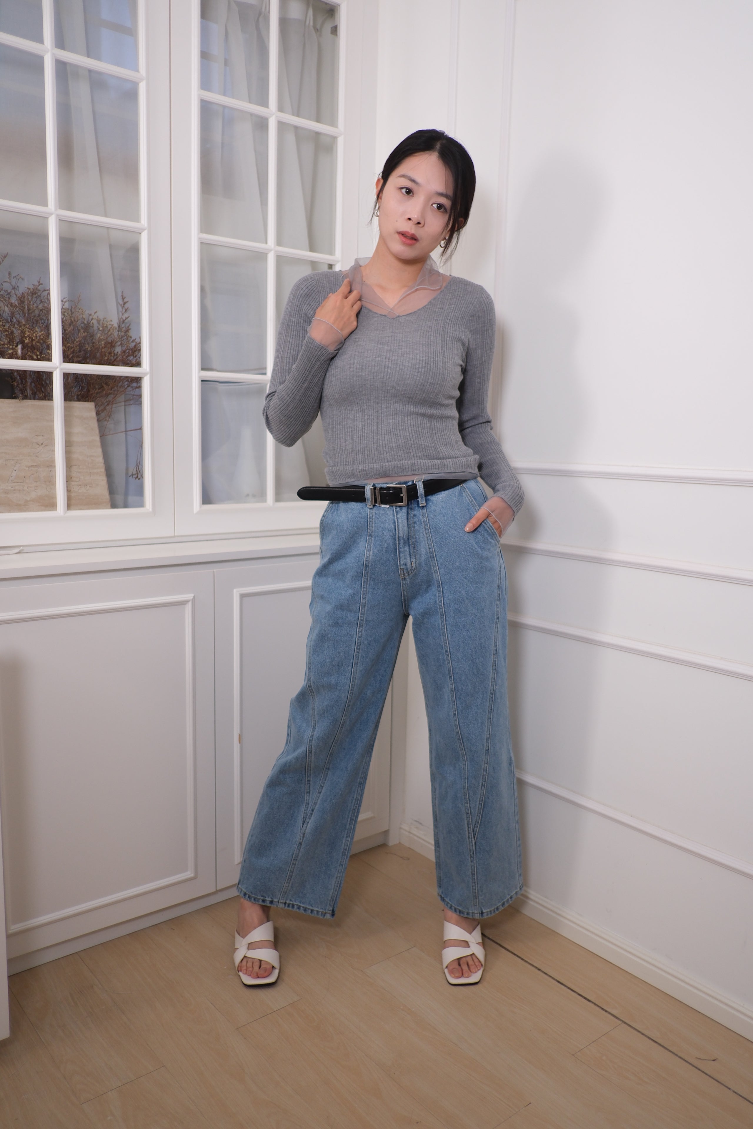 Mesh Overlay Knit Long Sleeve Top [T0258]