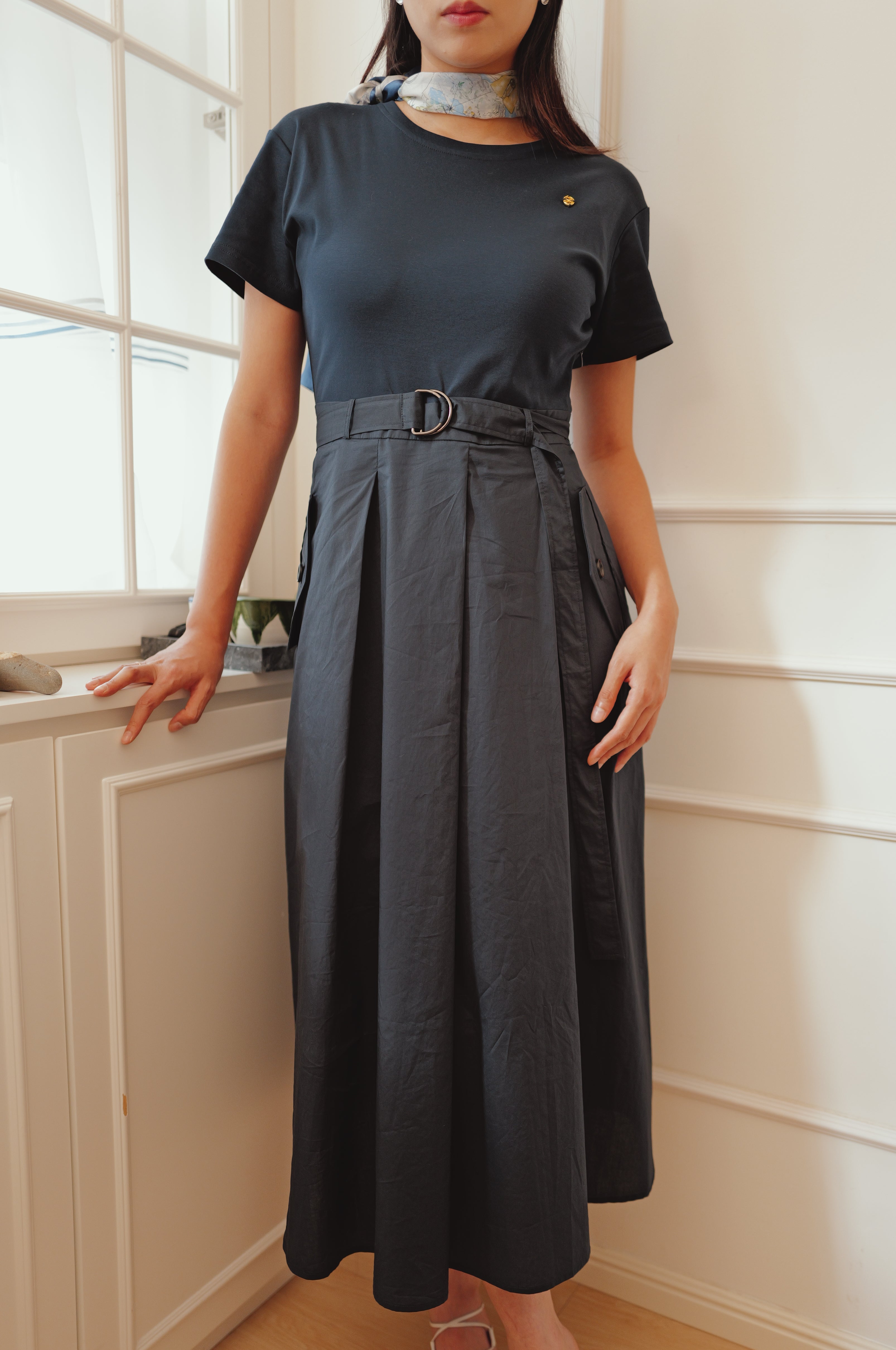 【LE ZANS BRAND COLLECTION】Minimalist Crewneck Belted A-Line Dress [OPS0186]