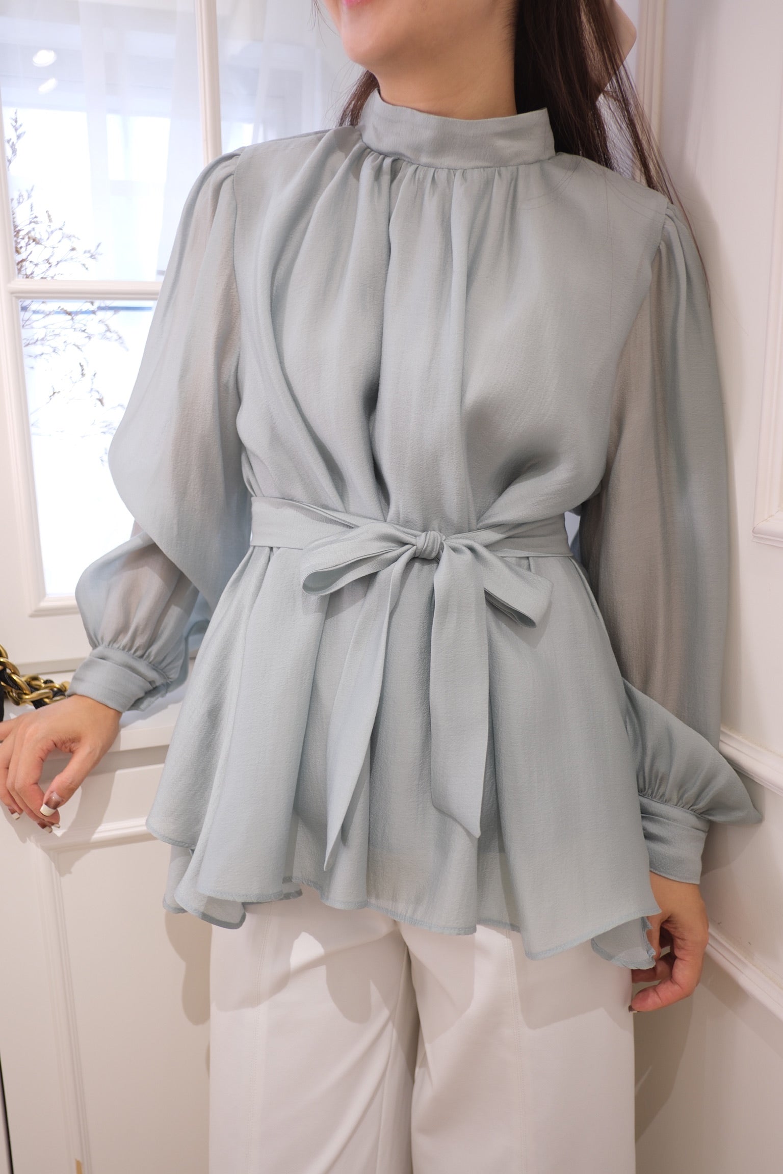 Silken Sheer Waist Tie Blouse [T0241]