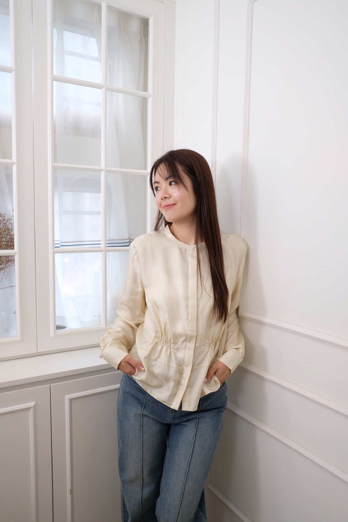 【LE ZANS BRAND COLLECTION】French Cream Bubble Blouse (100%SILK)[T0257]