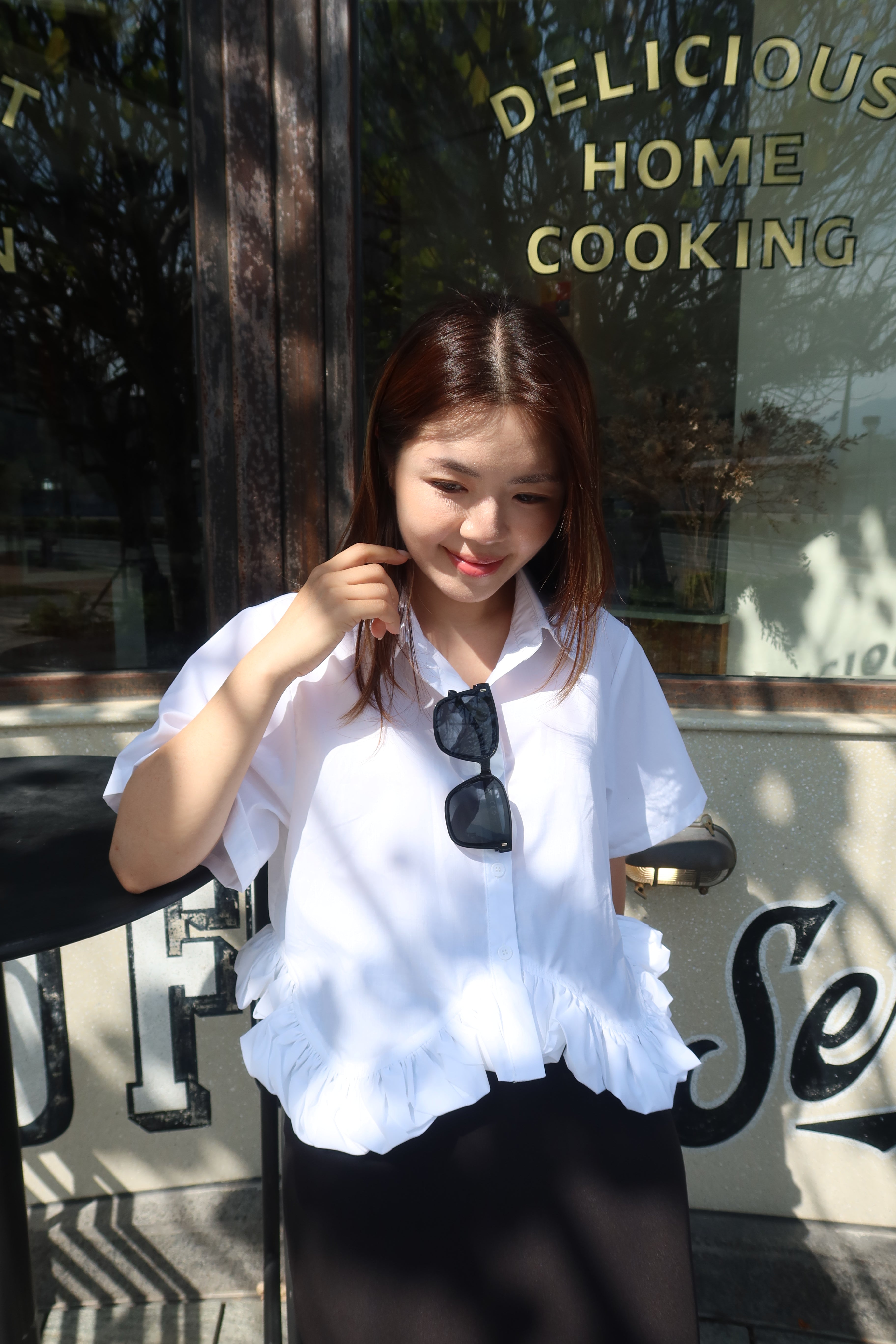 White Ruffle Trim Blouse [T0202]
