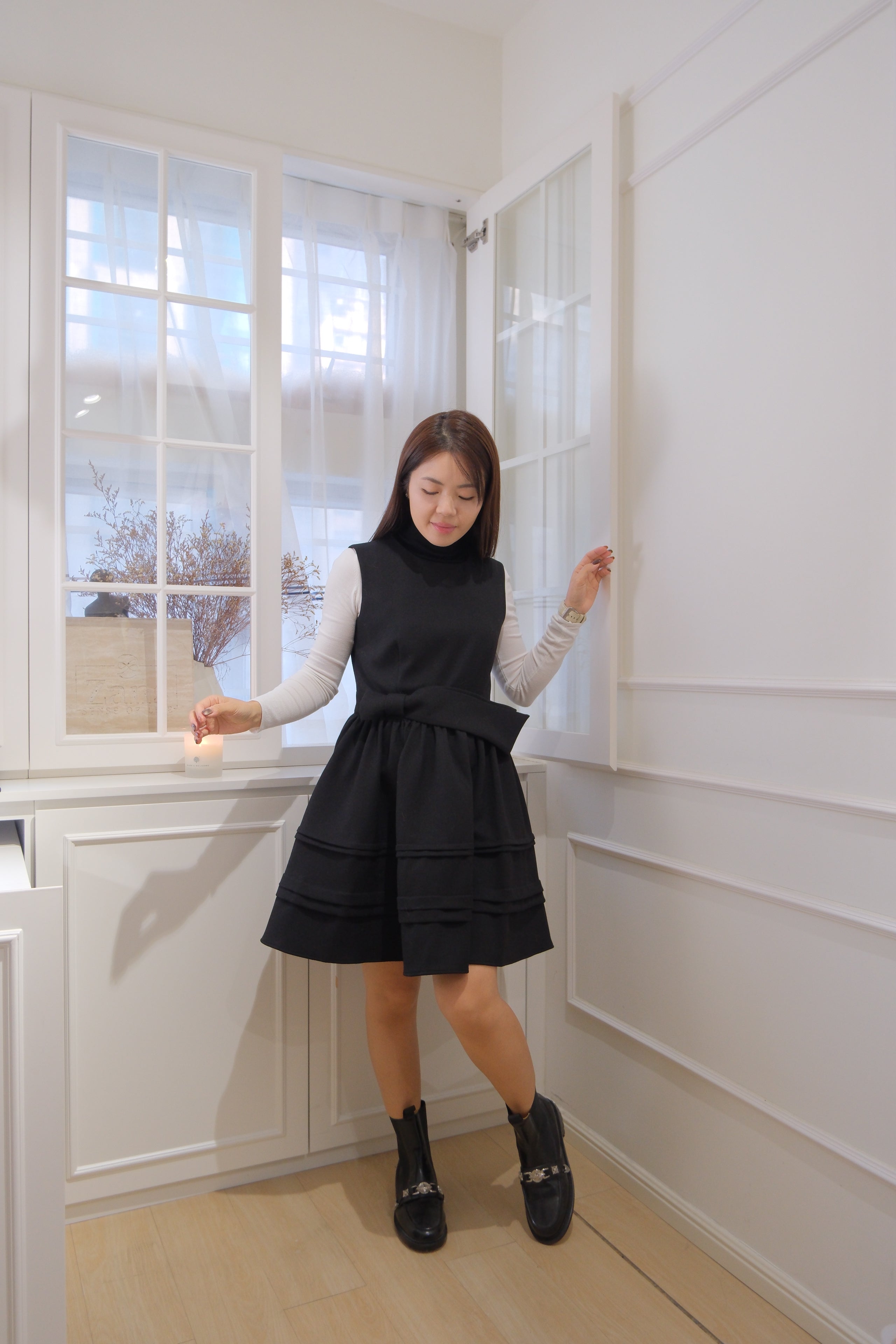 【LE ZANS BRAND COLLECTION】Black Bow-Accented Tiered Babydoll Dress [OPS0176]