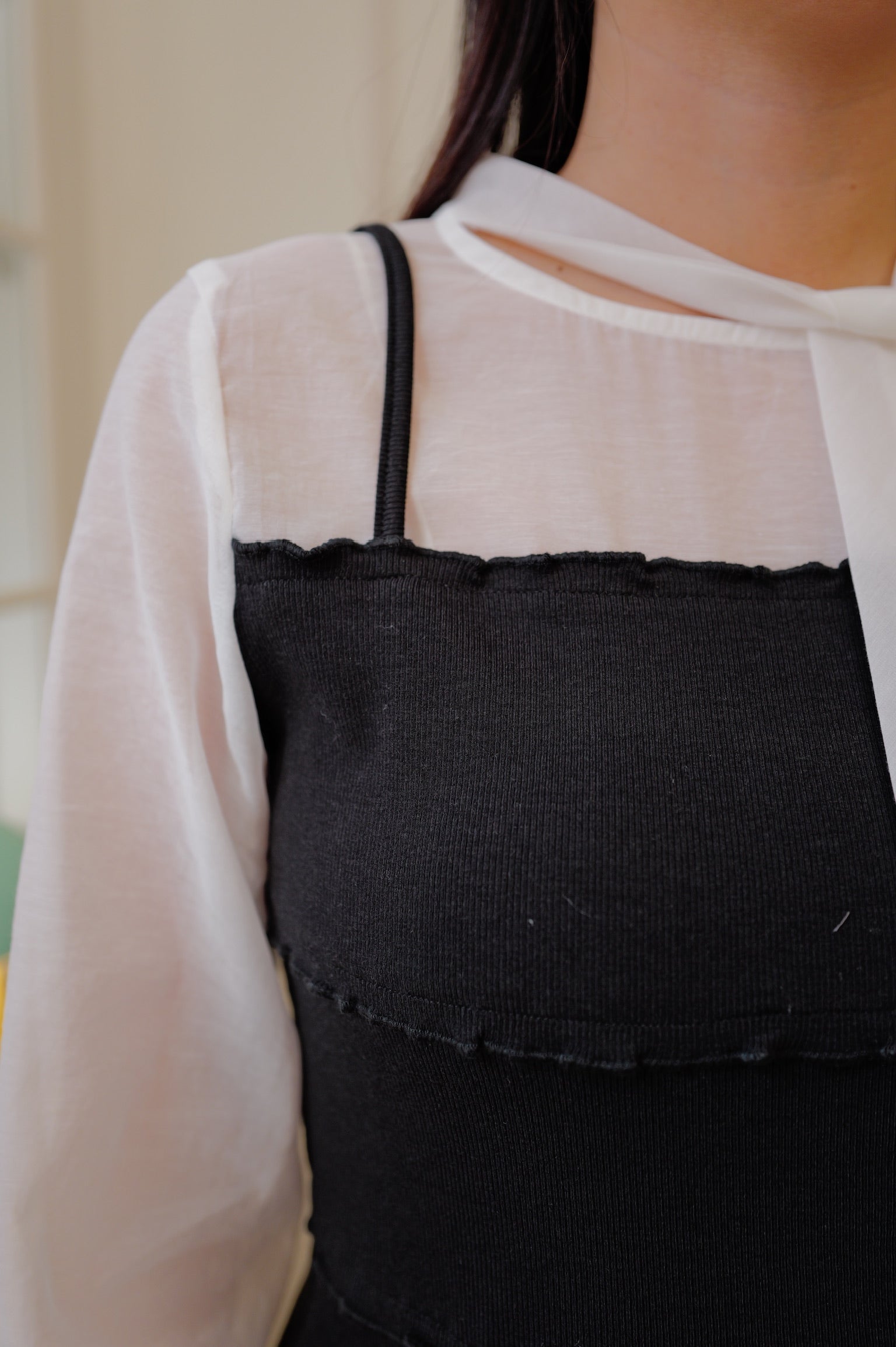 【LE ZANS BRAND COLLECTION】French Romantic Sheer Tie-Neck Blouse & Frill Cami Two-Piece Set [T0305]