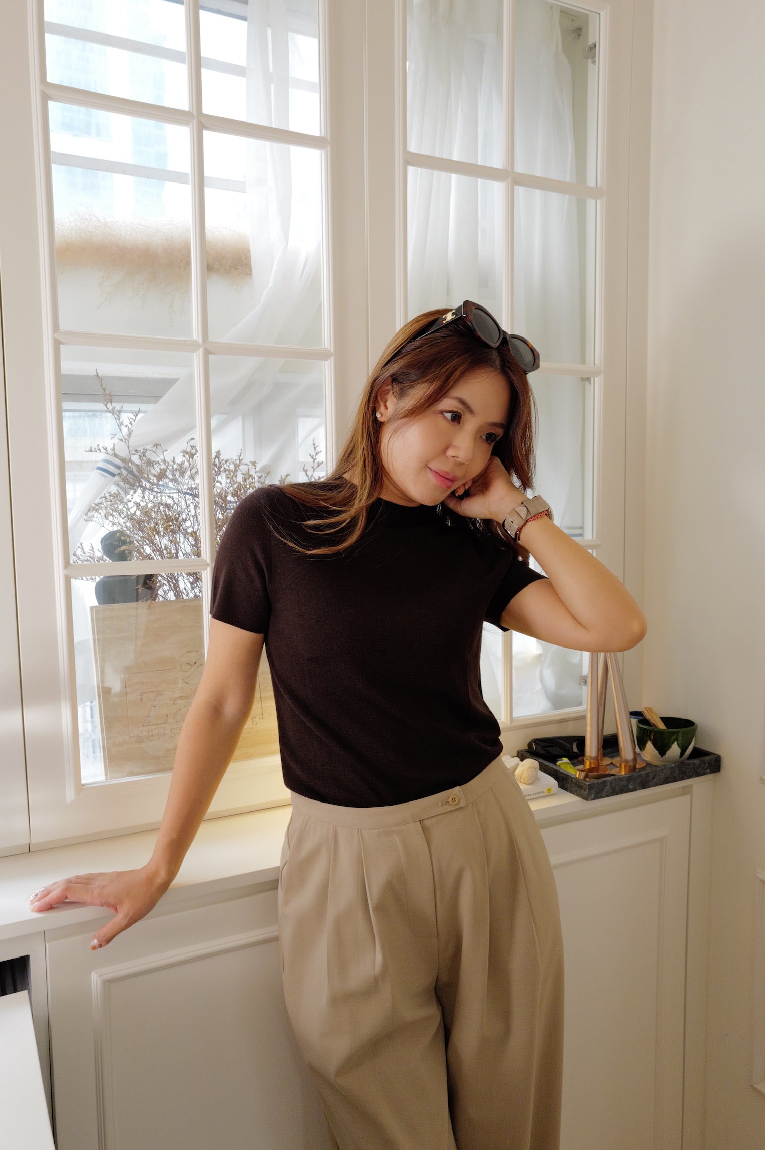 【LE ZANS PRIVÉ】Minimalist Mock-Neck Fine Knit Short-Sleeve Top (100%頂級德國揚子紗) [T0309]