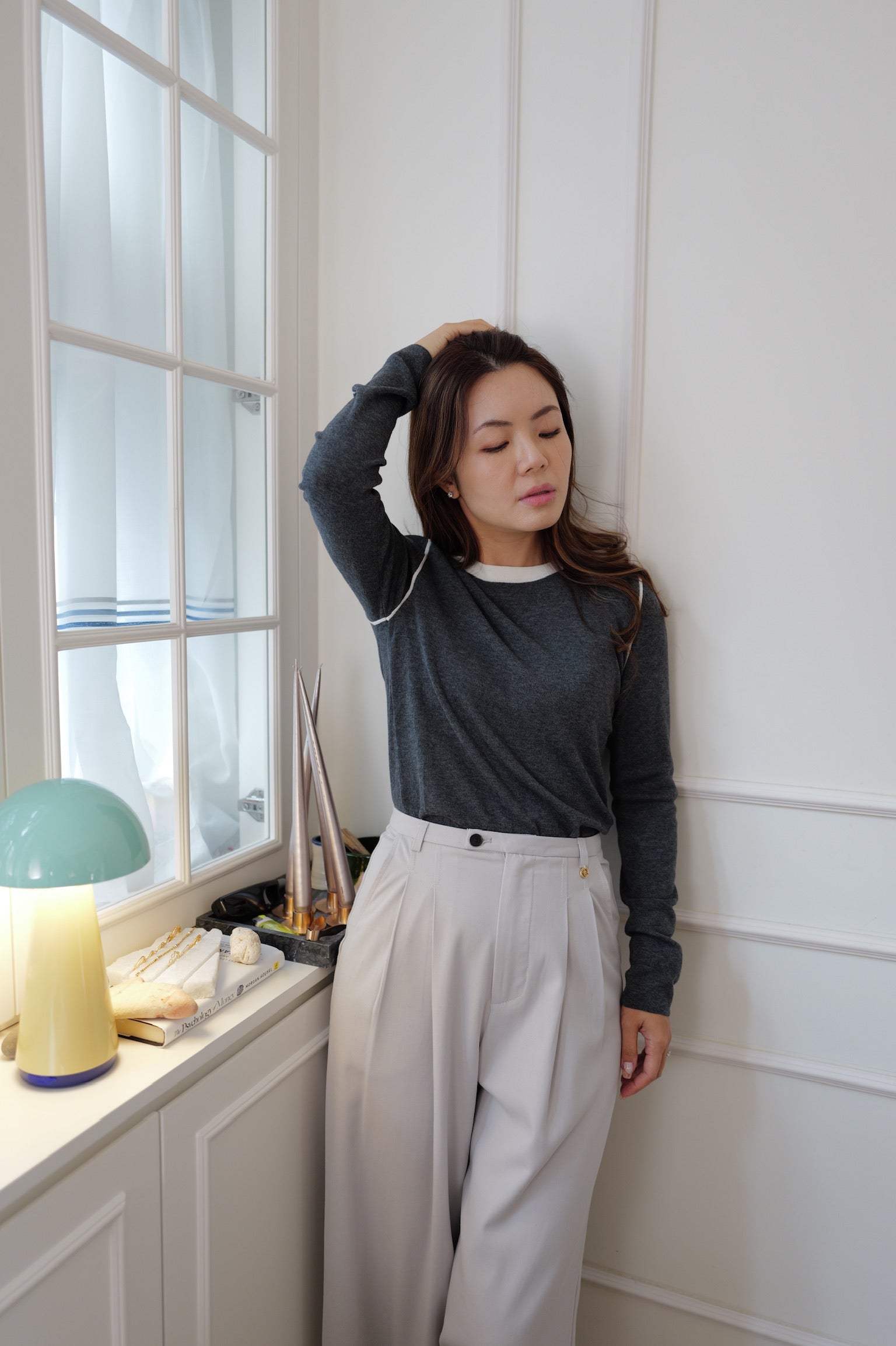 【LE ZANS PRIVÉ】Minimalist Contrast Piping Fitted Knit Long-Sleeve Top(33%wool) [T0311]