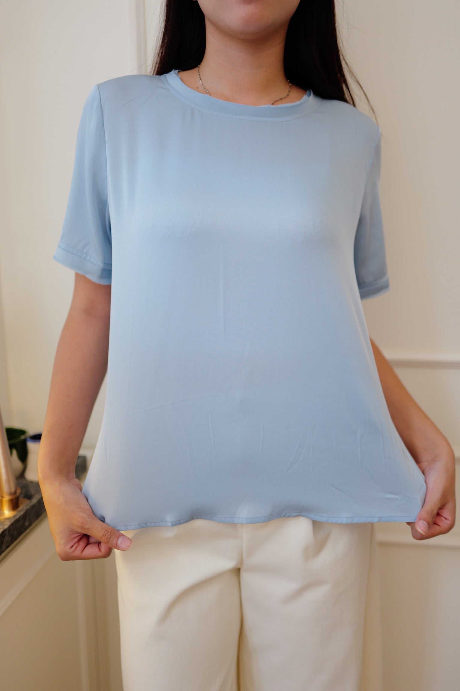【LE ZANS PRIVÉ】 Pure Silk Gathered Short-Sleeve Top (100%Silk)[T0306]